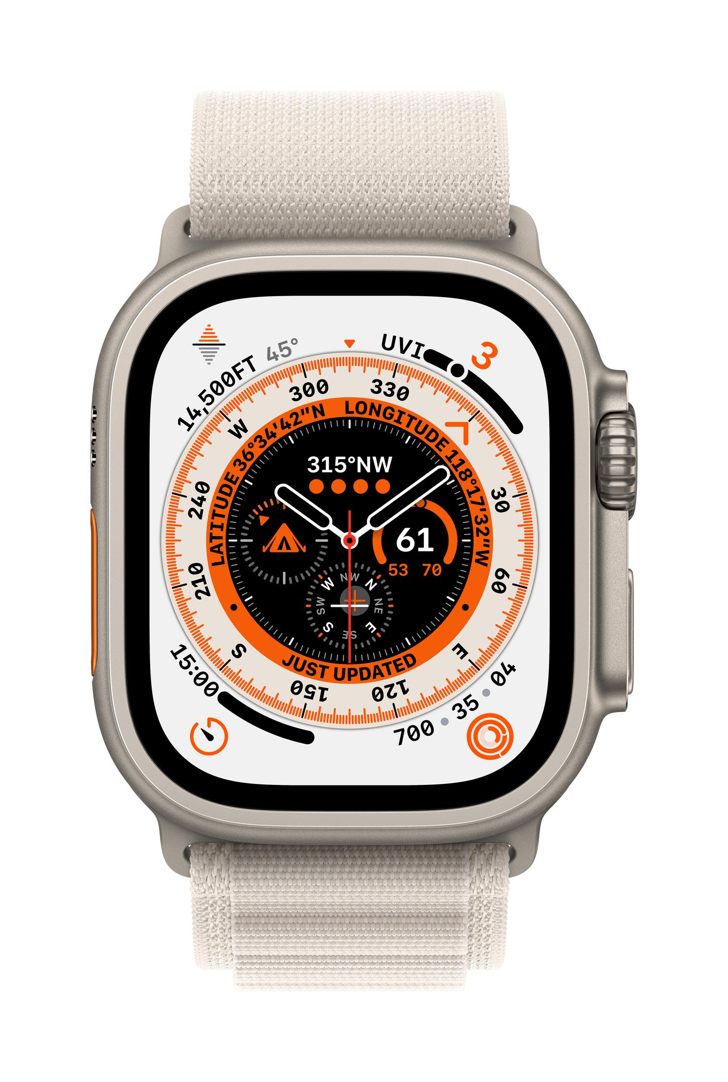 Une montre connectée argentée avec bracelet en tissu beige et cadran détaillé.