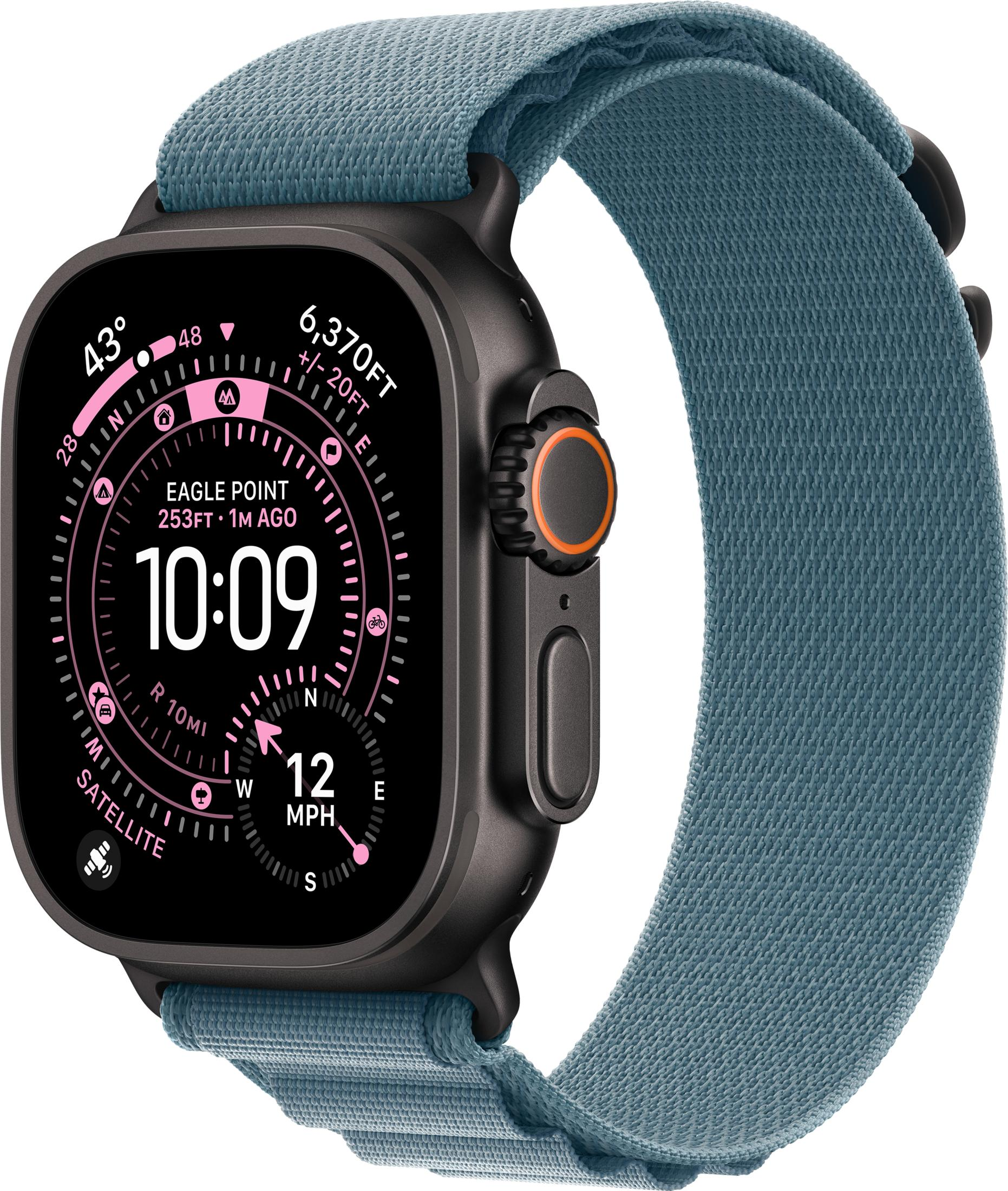 Uno smartwatch grigio con cinturino in tessuto blu mostra 10:09, meteo e altitudine.