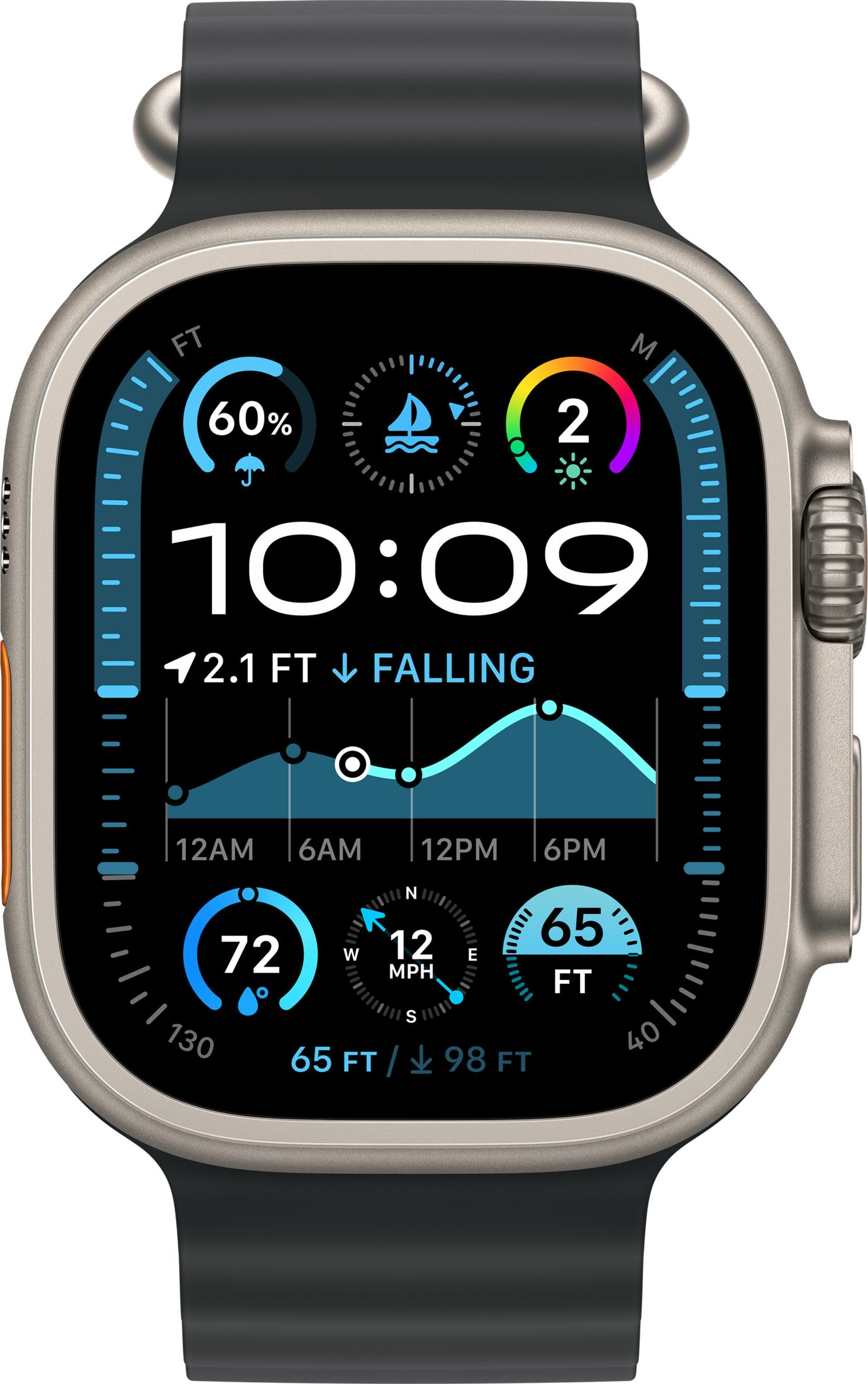 Uno smartwatch mostra le 10:09, dati meteo e un grafico delle maree.
