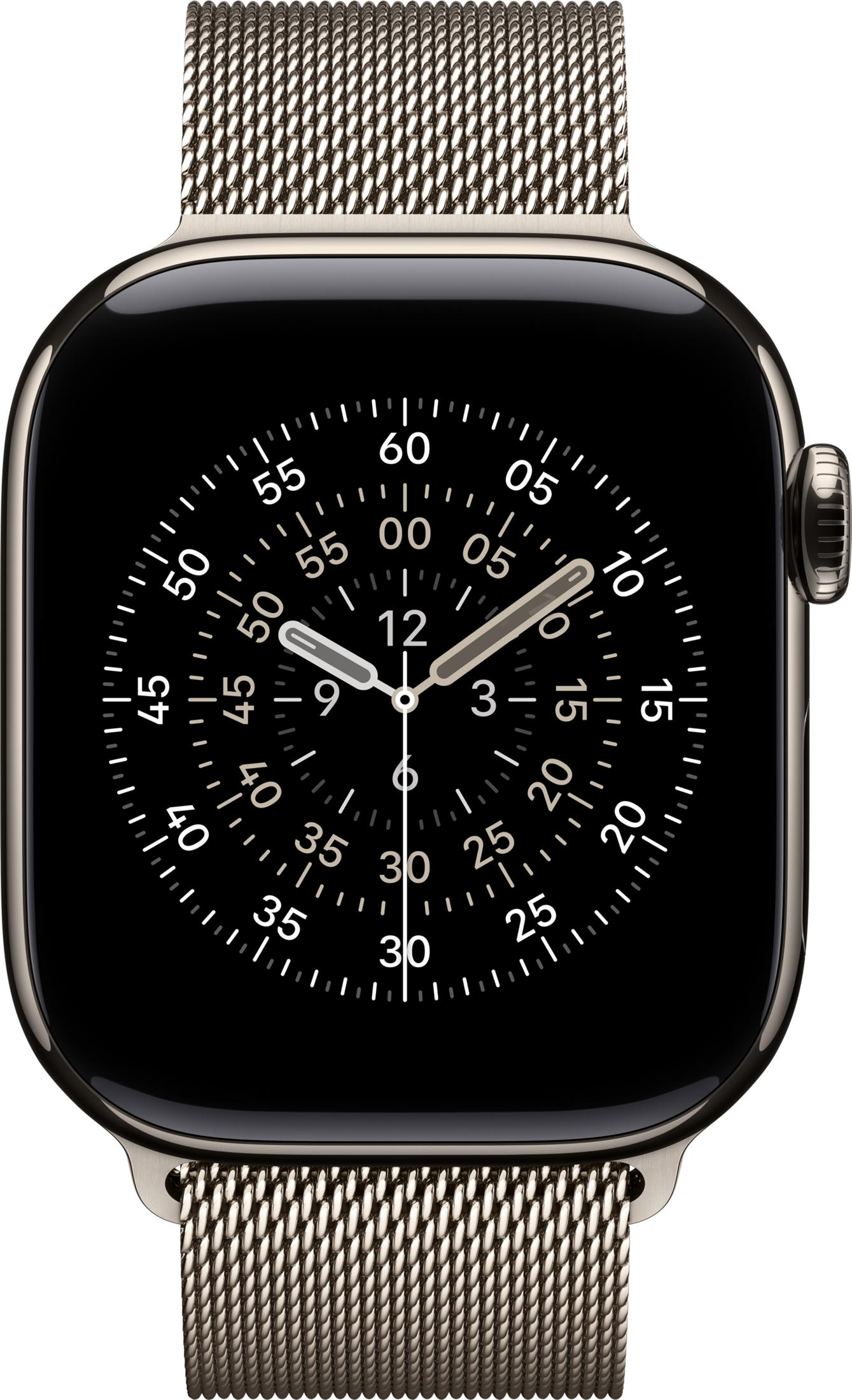 Un reloj inteligente plateado con esfera negra y banda milanesa.