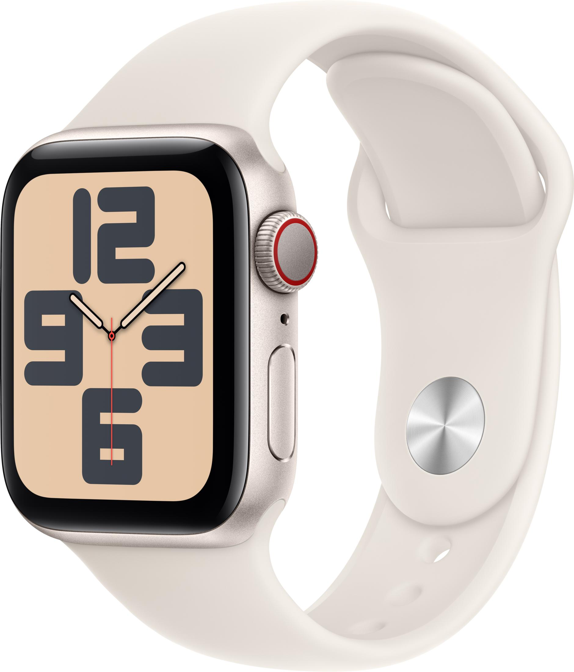 Jasny smartwatch z białym paskiem i cyfrową tarczą zegarka.