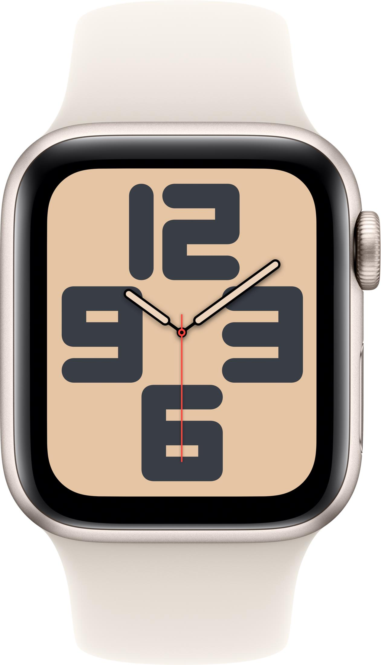 Srebrny smartwatch z jasnym paskiem, z tarczą z dużymi ciemnymi cyframi.