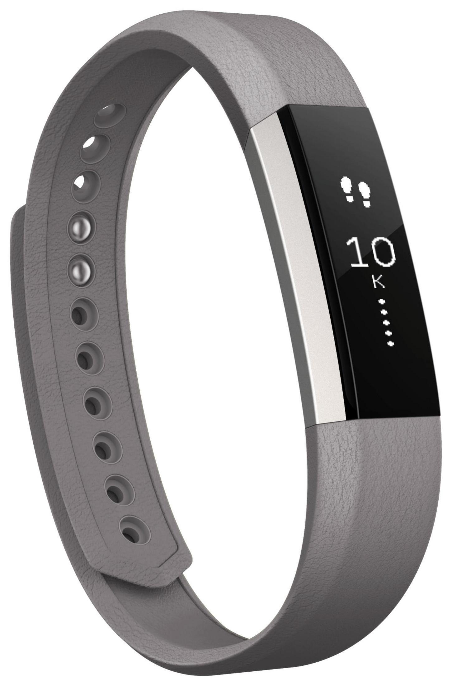 Fascia fitness grigia con display nero che mostra passi e distanza.