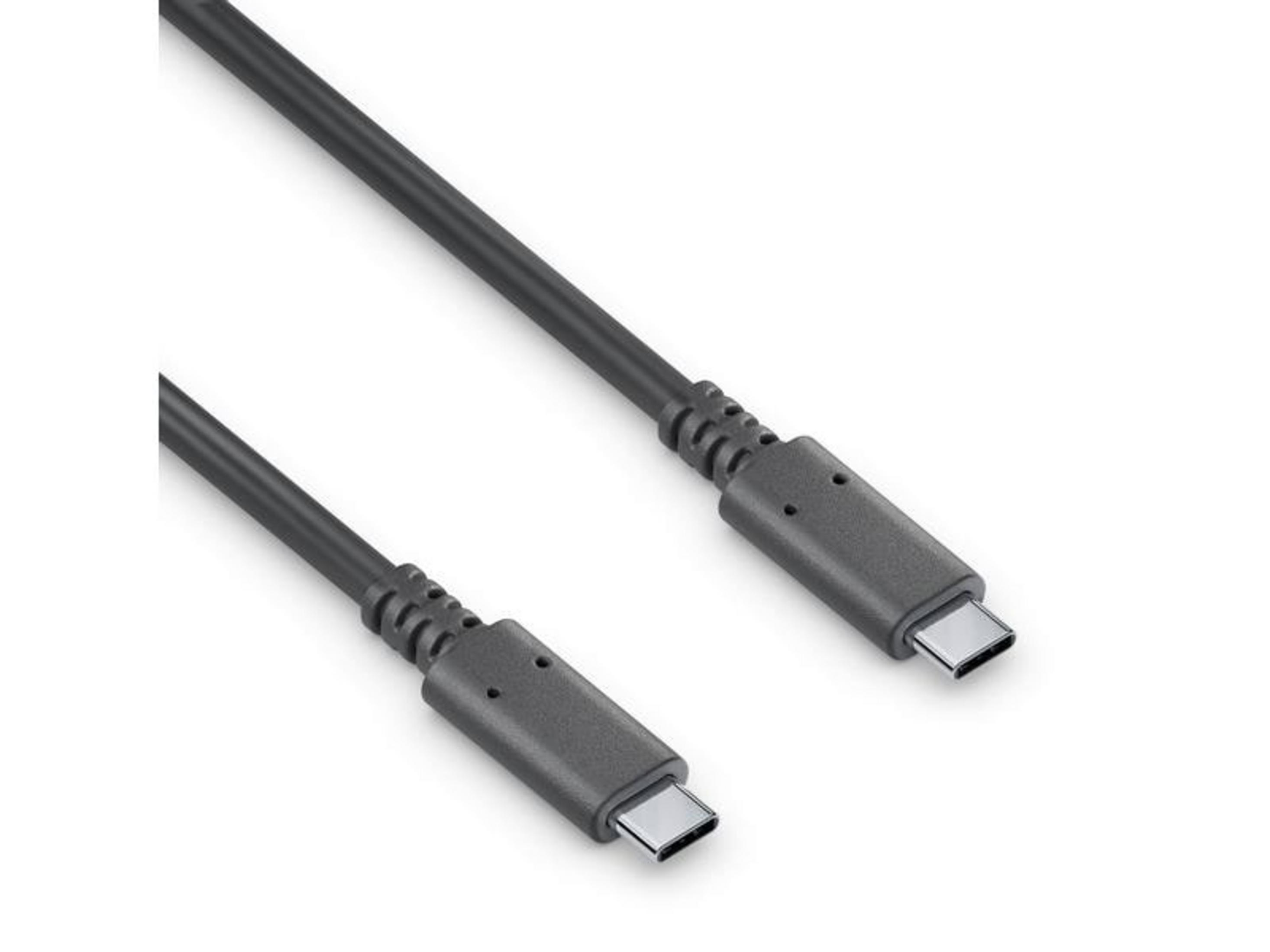 Un cavo USB-C grigio con due connettori su sfondo bianco.