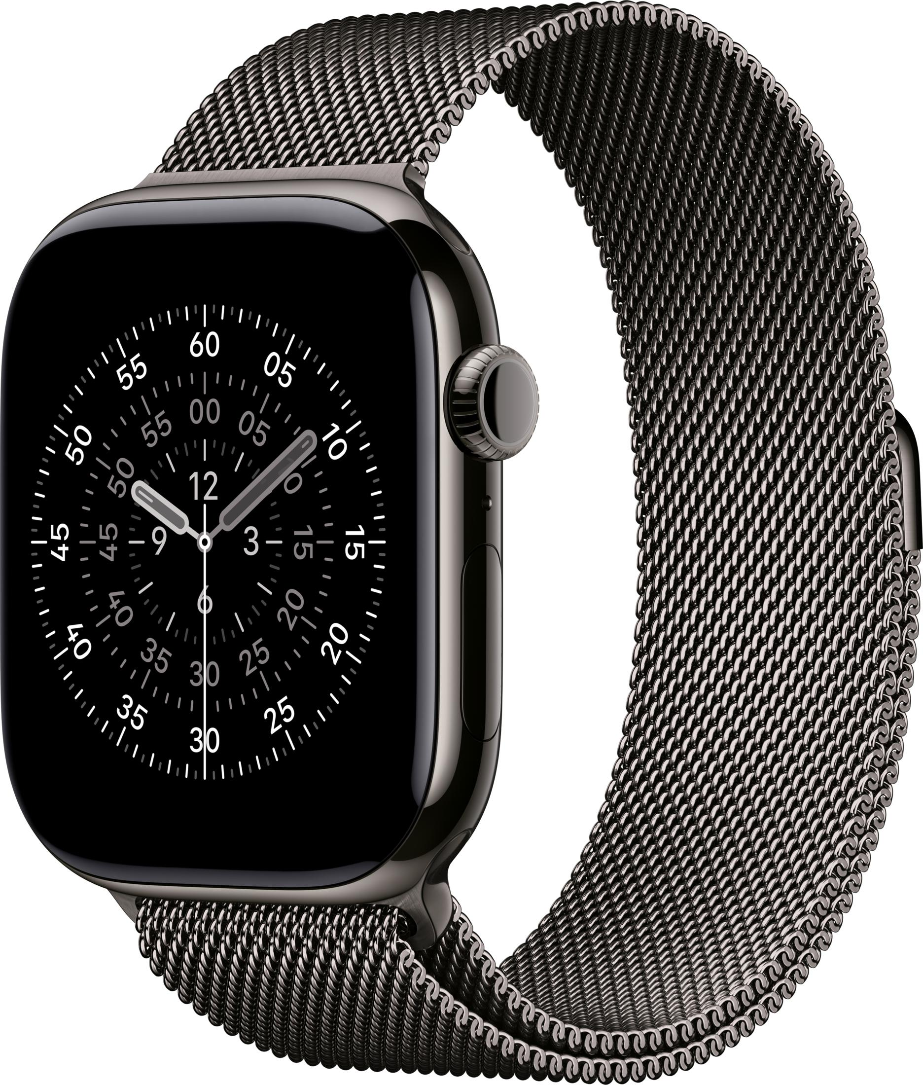 Czarny smartwatch z bransoletą mediolańską i tarczą analogową.