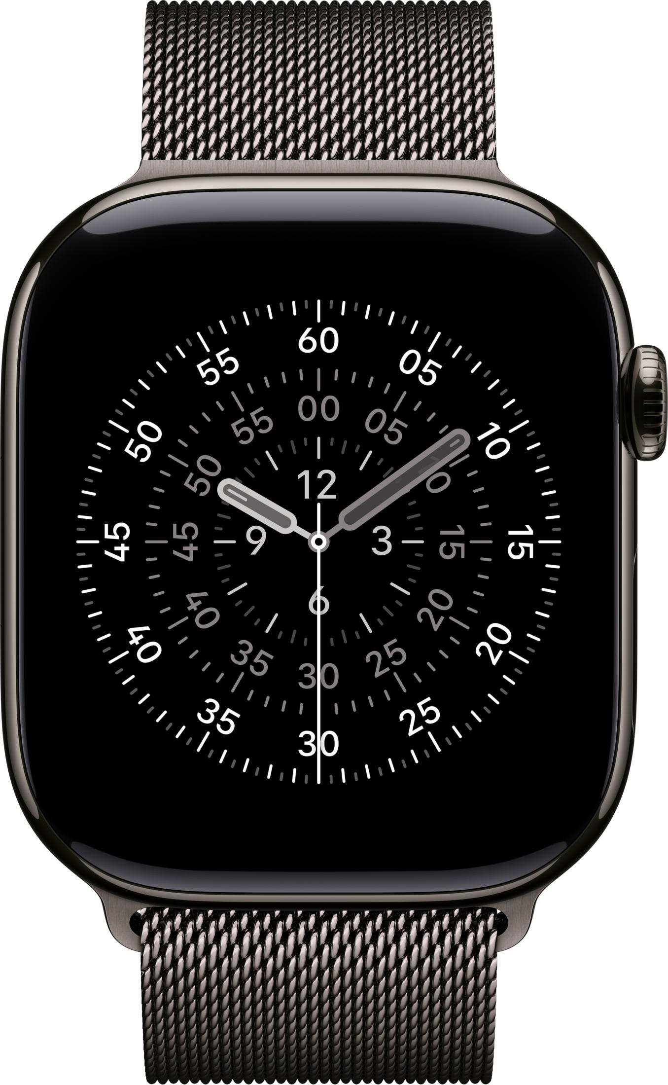Czarny smartwatch z paskiem mediolańskim i cyfrowym wyświetlaczem.