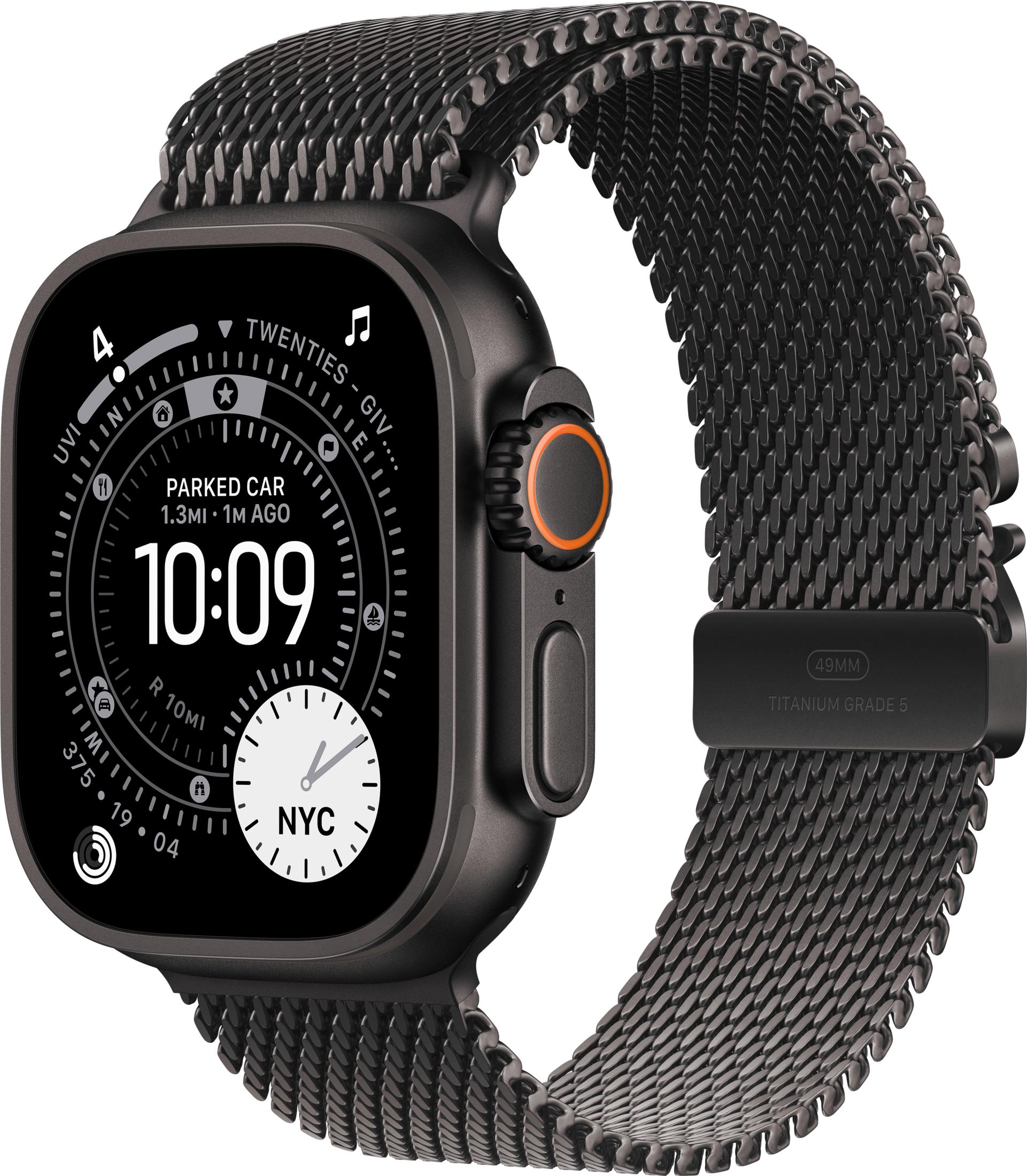 Ciemny smartwatch z paskiem mediolańskim pokazuje 10:09.