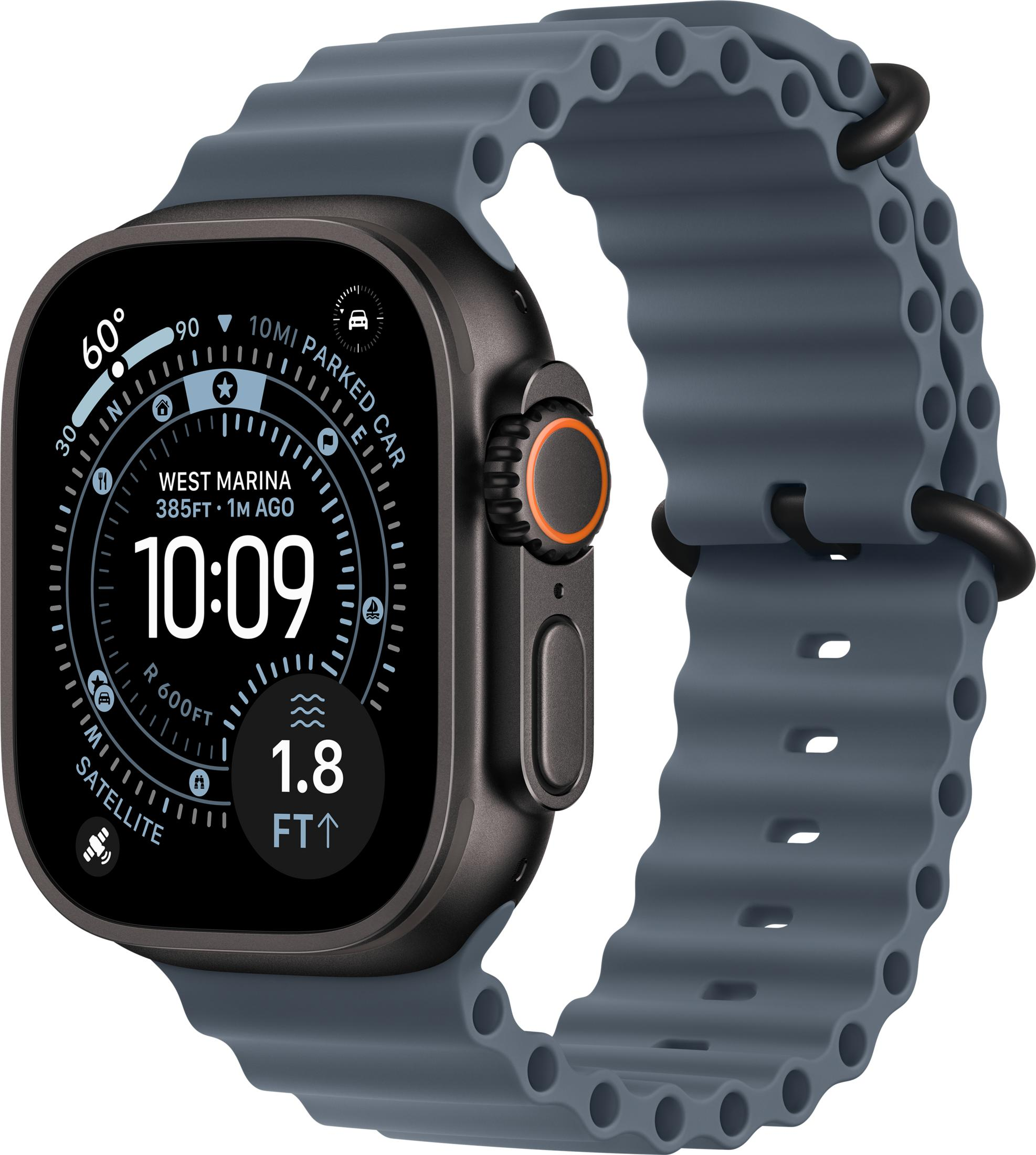 Graue Smartwatch mit dunklem Zifferblatt, zeigt 10:09 Uhr, West Marina, 385 Fuß.