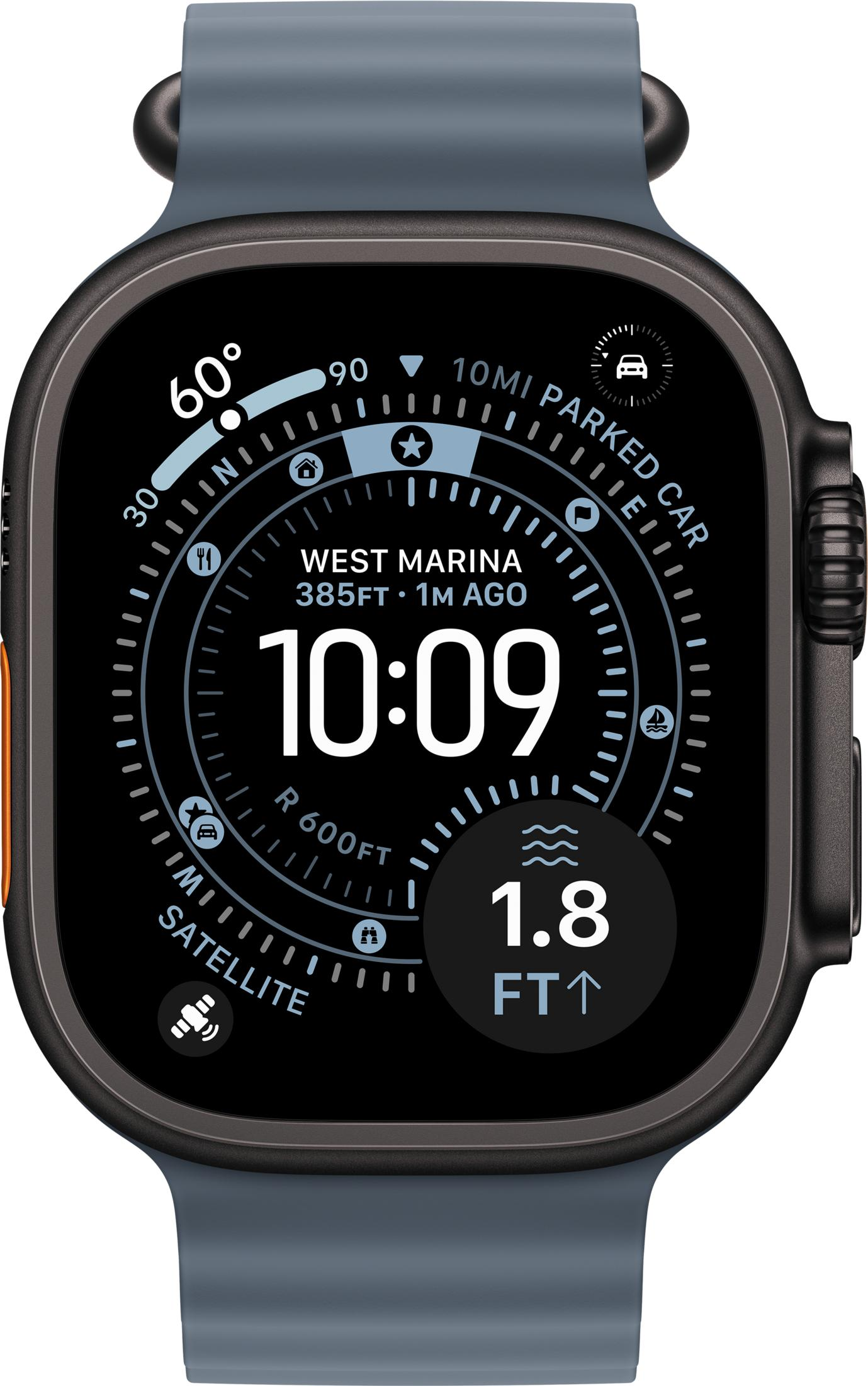 Eine graue Smartwatch zeigt 10:09 Uhr, West Marina, 385 Fuß, 1 Meile entfernt.