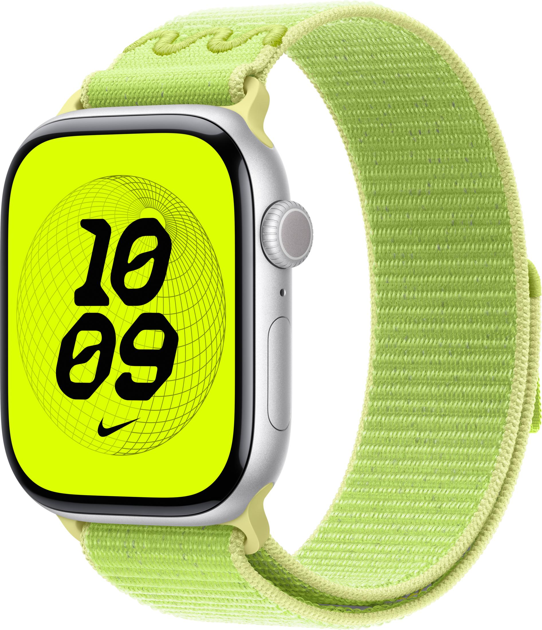 Smartwatch argentato con cinturino verde neon e quadrante giallo acceso.