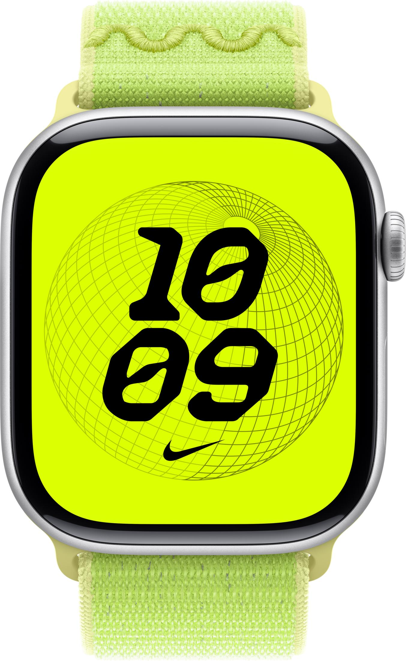 Un orologio verde con cinturino giallo mostra le 10:09.