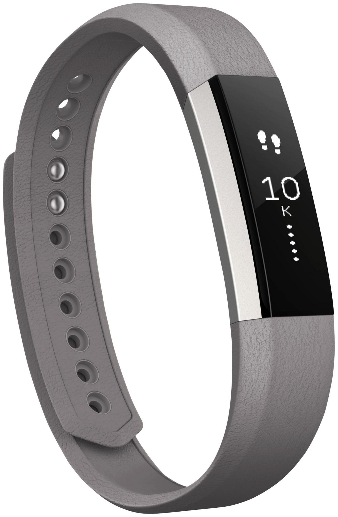 Graues Fitness-Armband mit schwarzem Display, das 10K Schritte anzeigt.