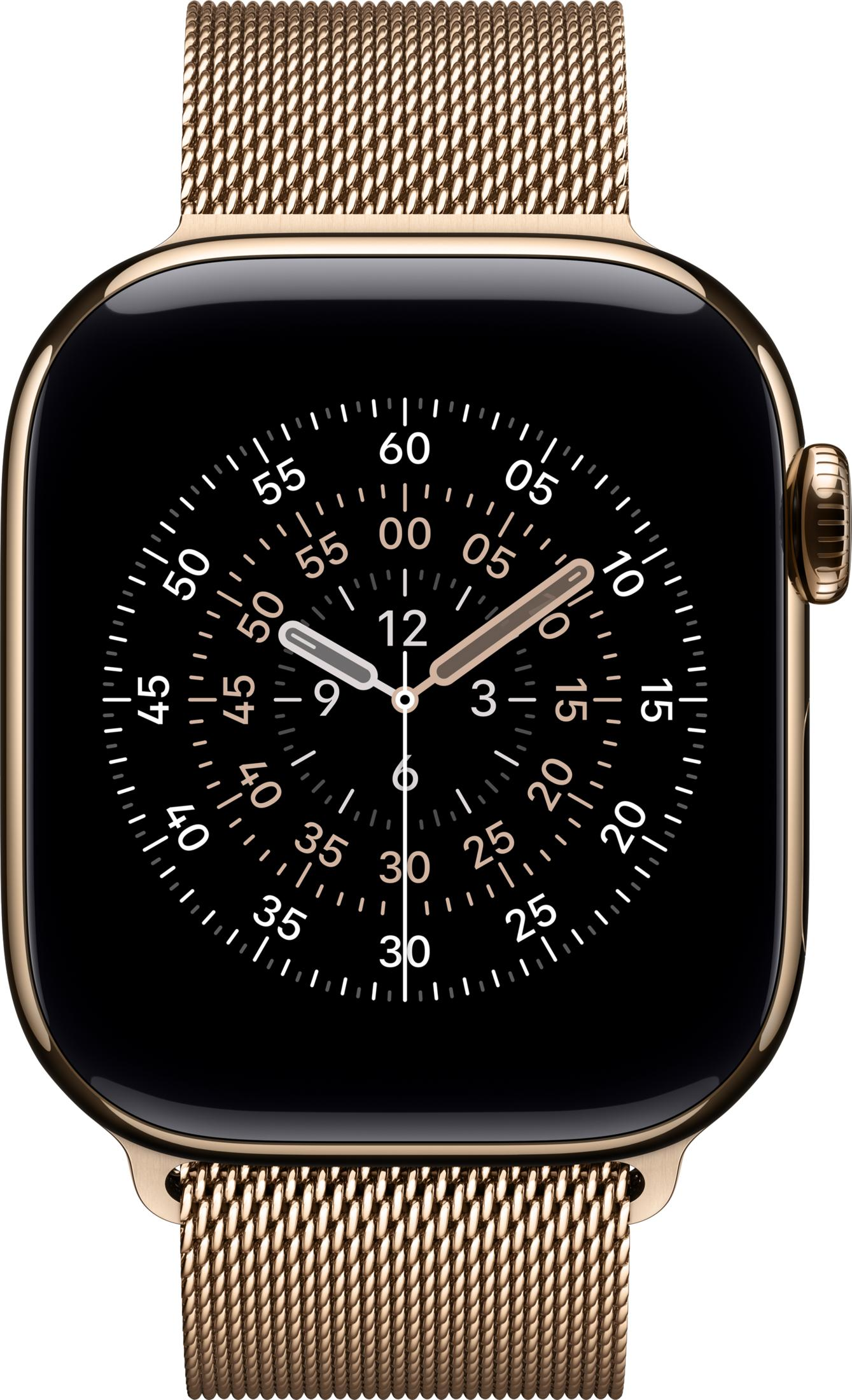 Złoty smartwatch z analogowym wyświetlaczem i bransoletą mediolańską. 9:09.