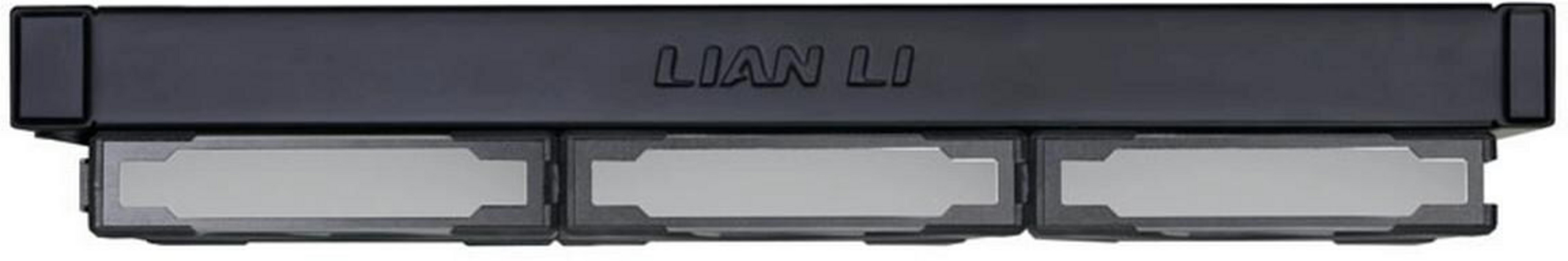 Black Lian Li housing part with three grey bays.