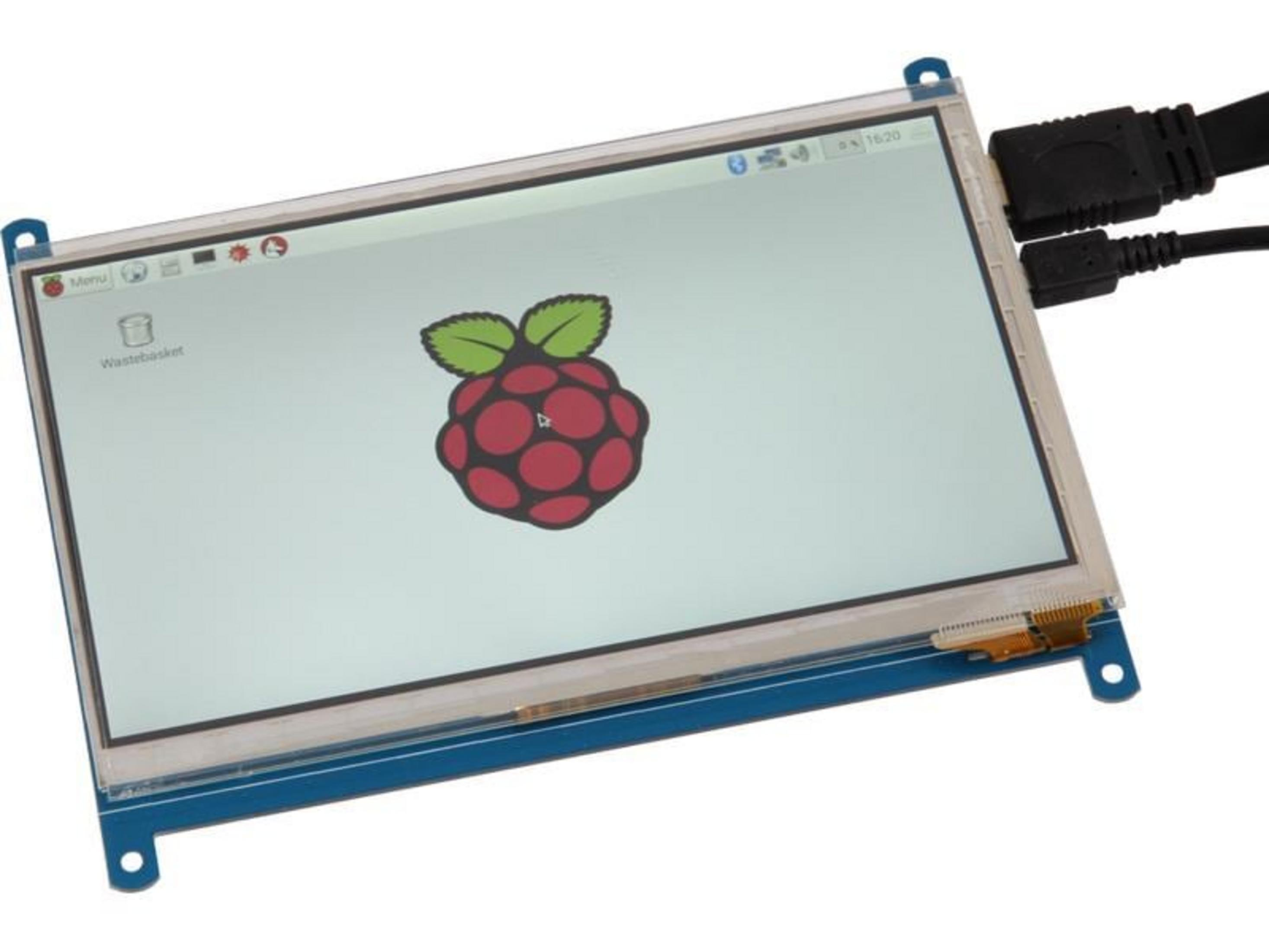 Un display touchscreen mostra un logo Raspberry Pi con cavi.