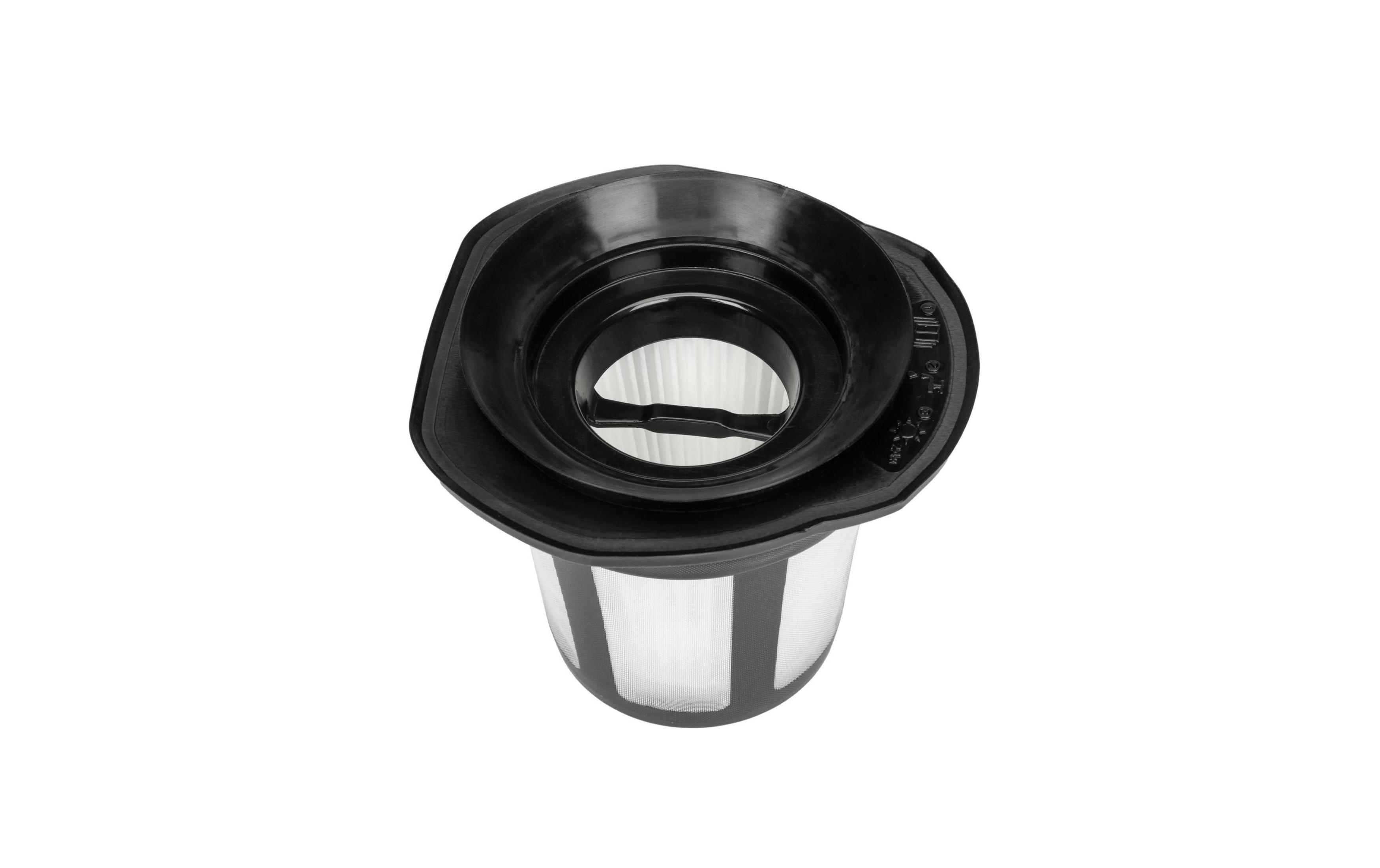 Schwarzer Staubsaugerfilter mit Netz und Ringen.