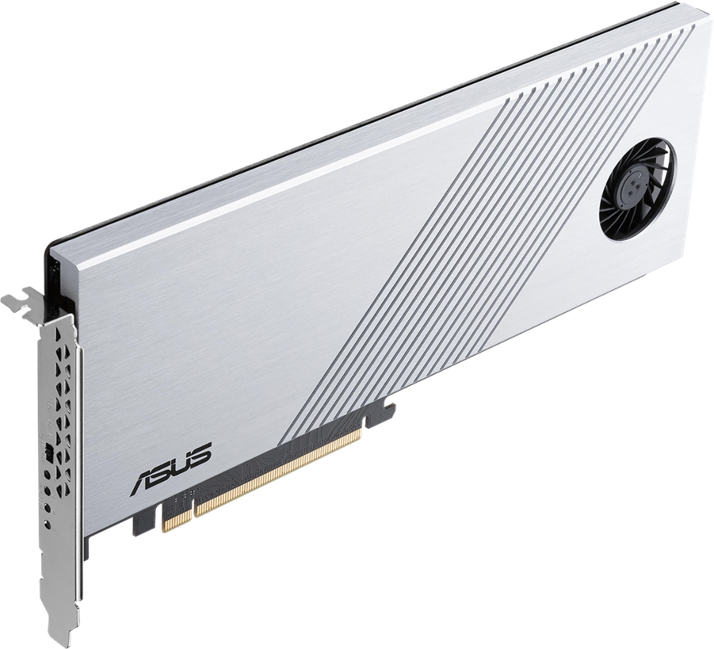 Una scheda grafica ASUS argentata con ventola e custodia in metallo.