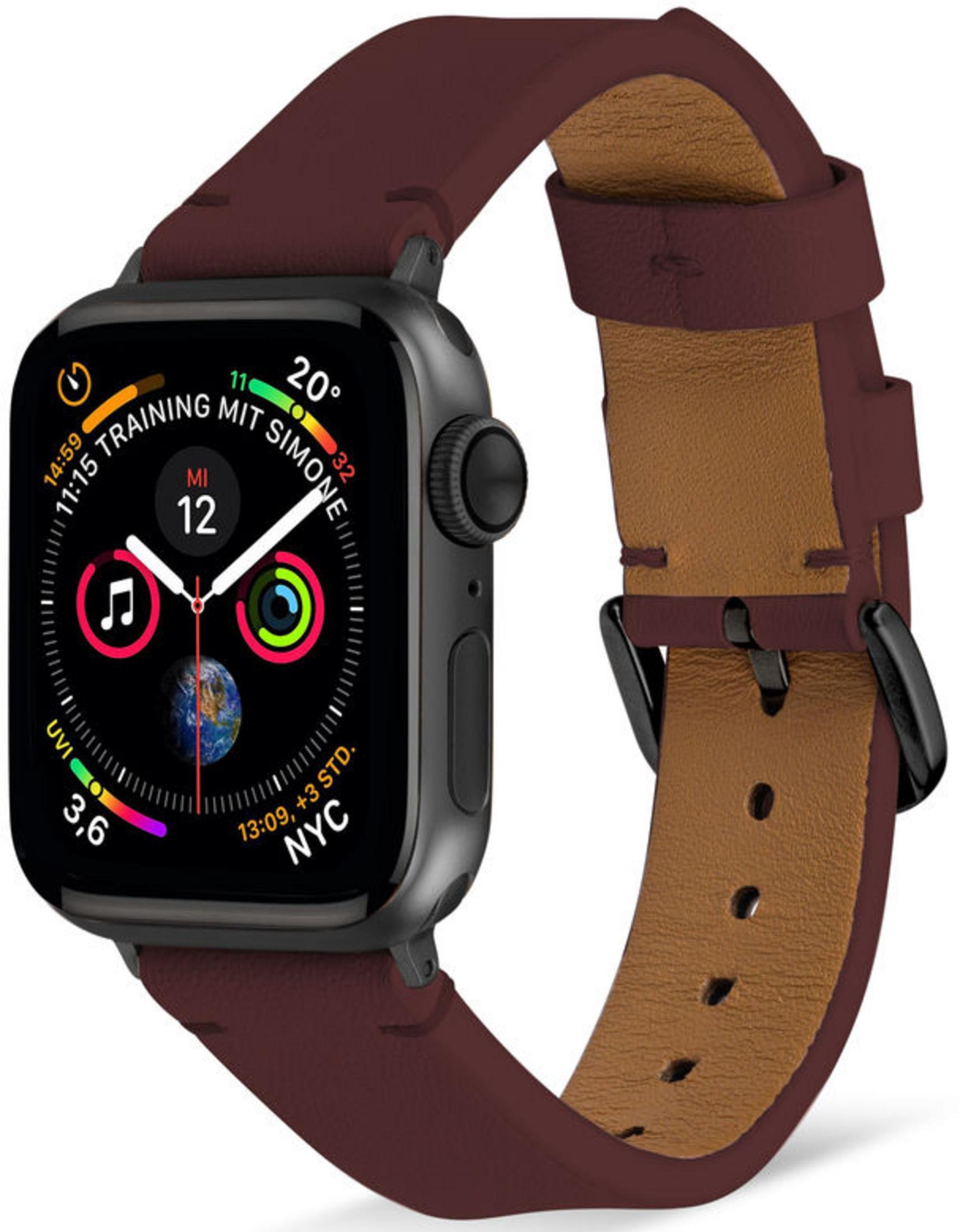 Eine dunkelrote Smartwatch mit Lederarmband und einem Zifferblatt, das die Uhrzeit anzeigt.