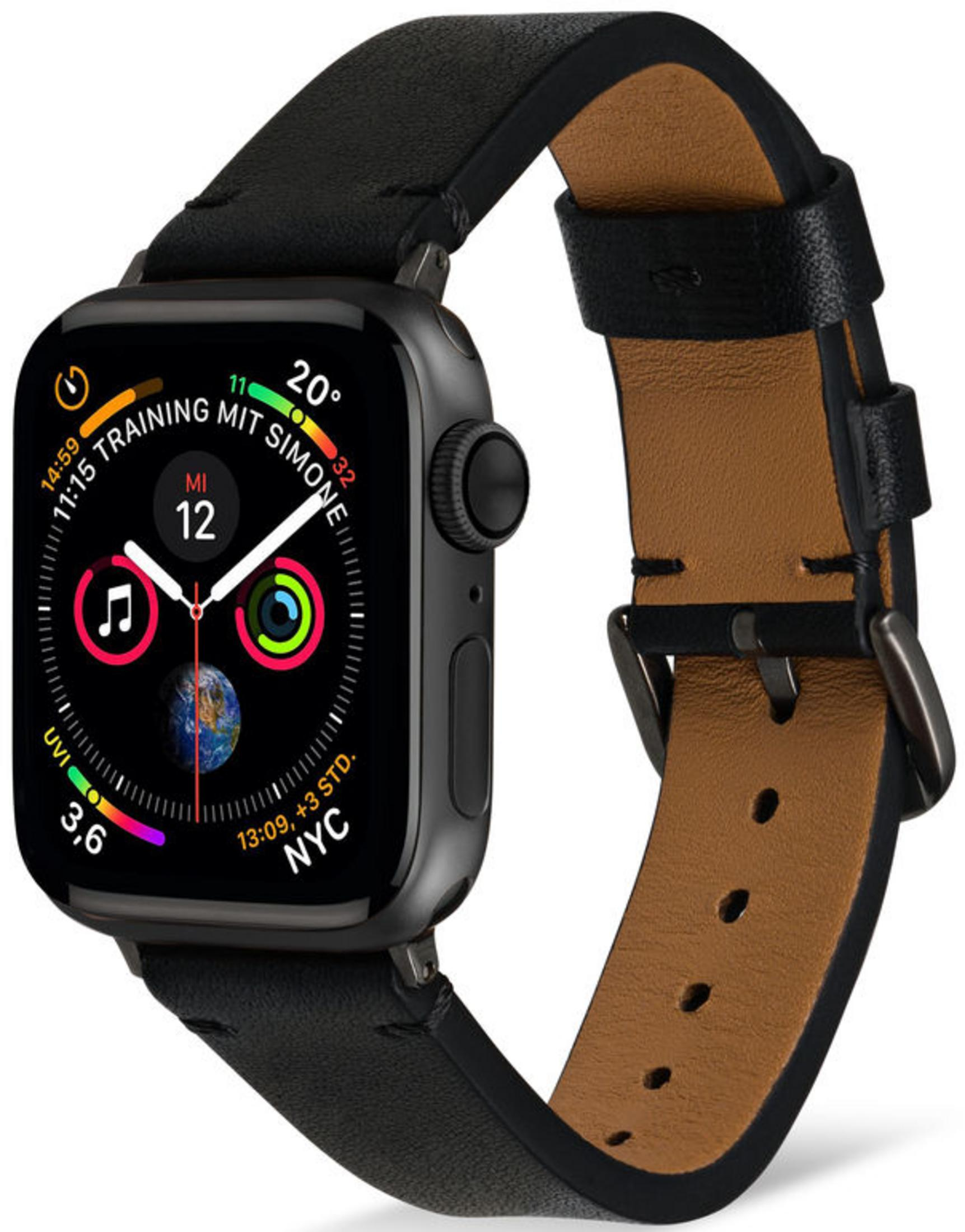 Eine schwarze Smartwatch mit Lederarmband zeigt die Erde, Zeit und Temperatur.