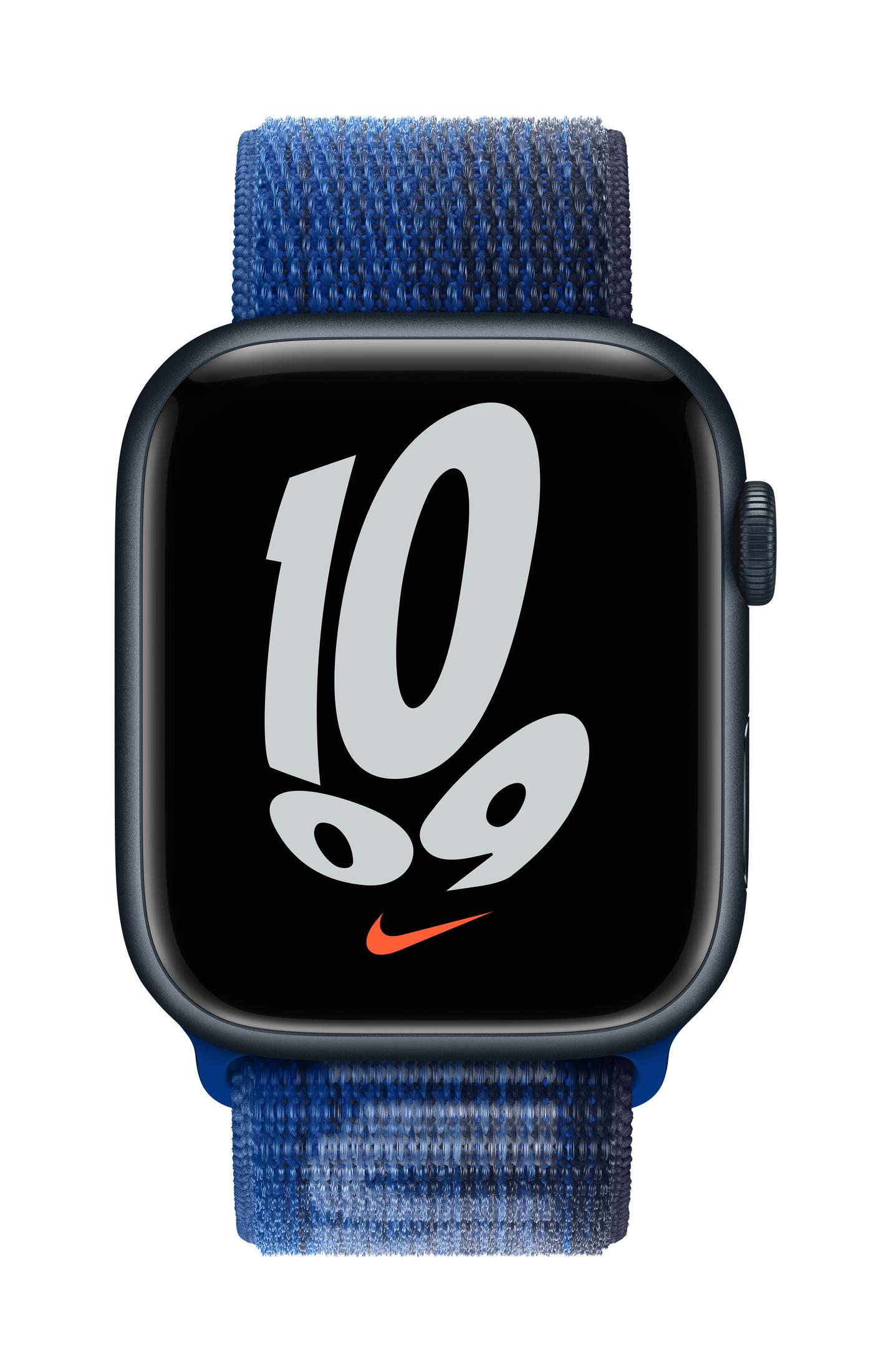 A blue Apple Watch displaying a "10" face with an orange Nike logo.