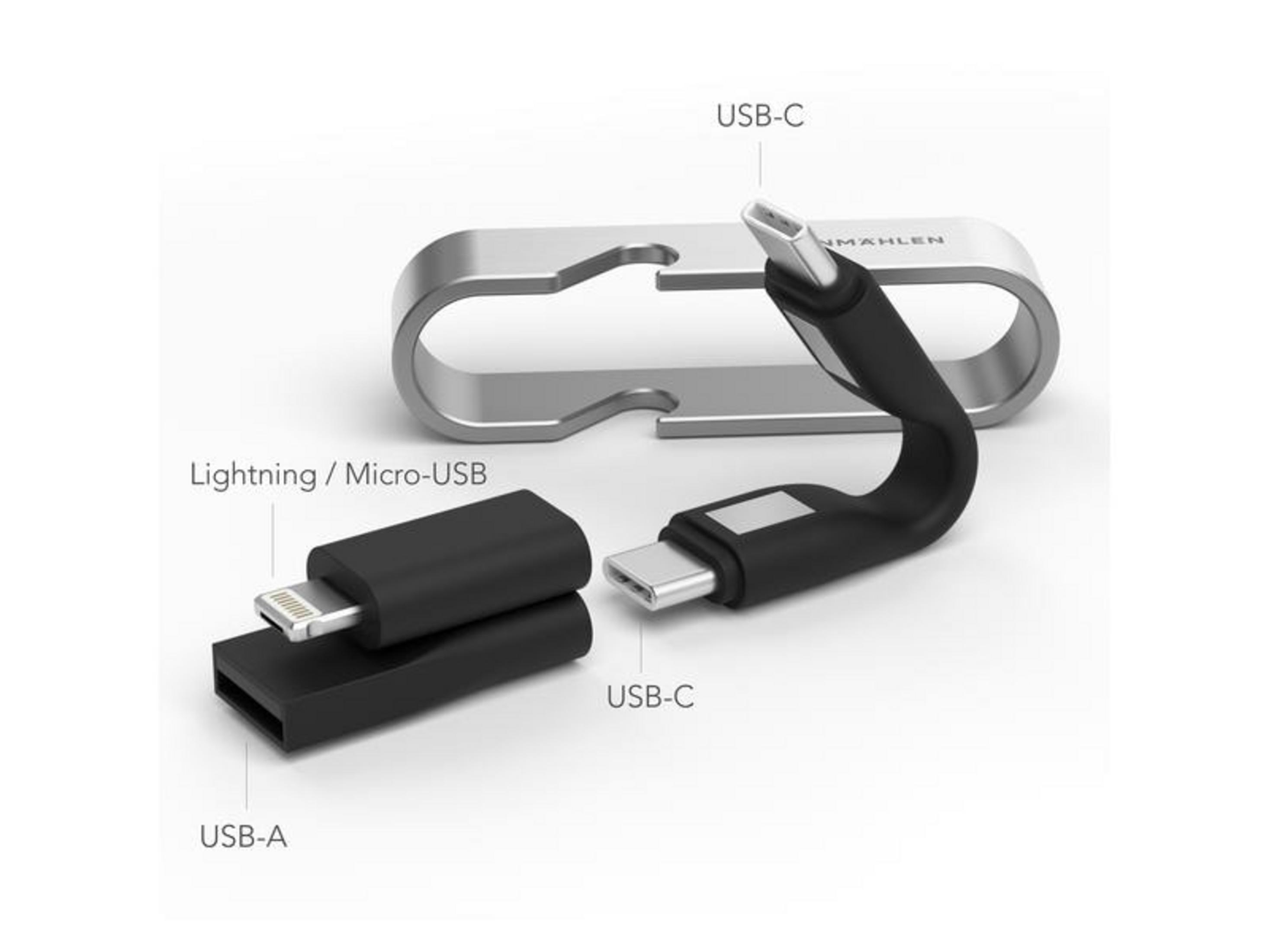 Ein USB-A, Lightning/Micro-USB und USB-C Adapterkabel mit silbernem Gehäuse.