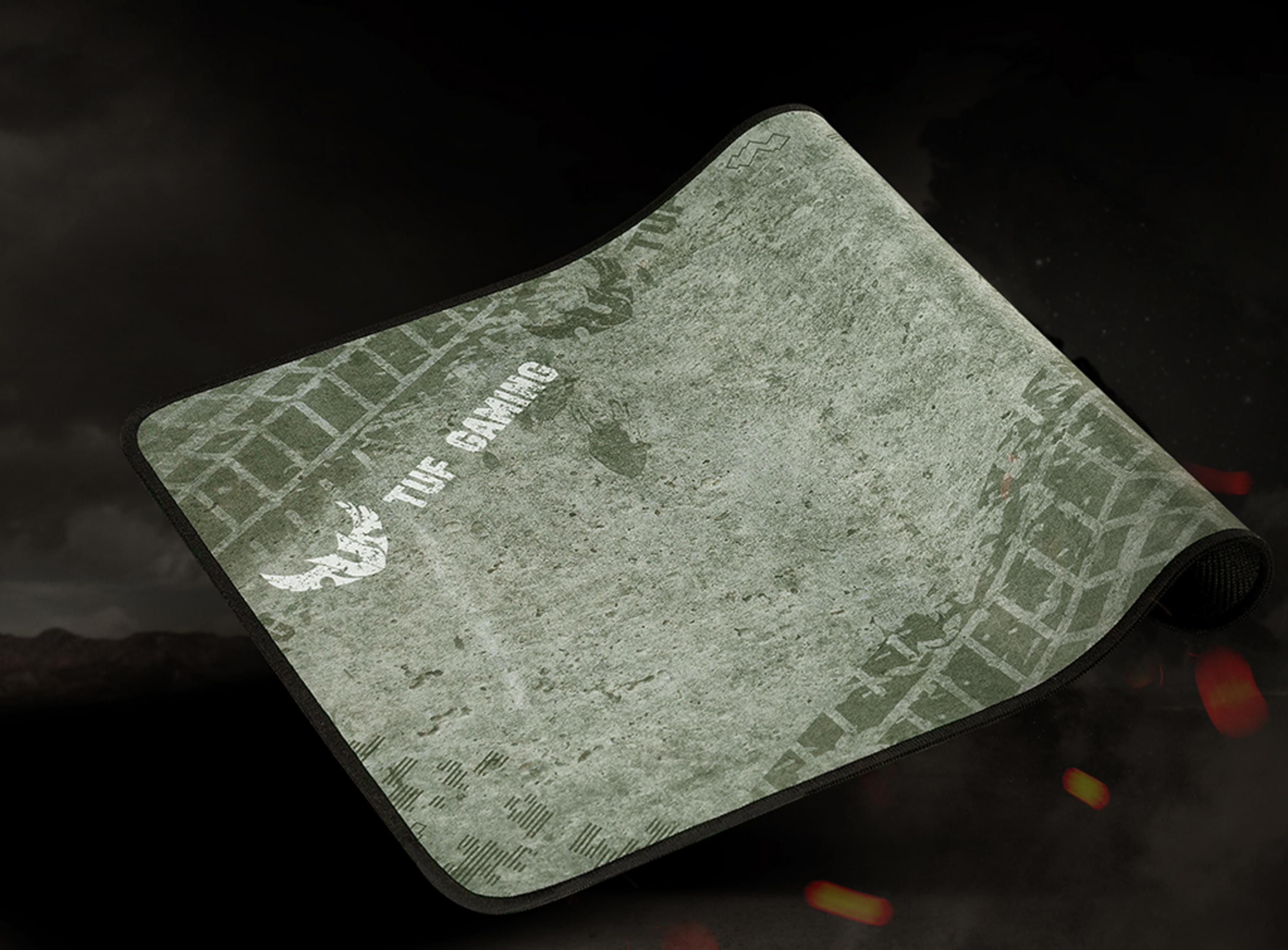 Zielona podkładka gamingowa z logo TUF GAMING i wzorem bieżnika.