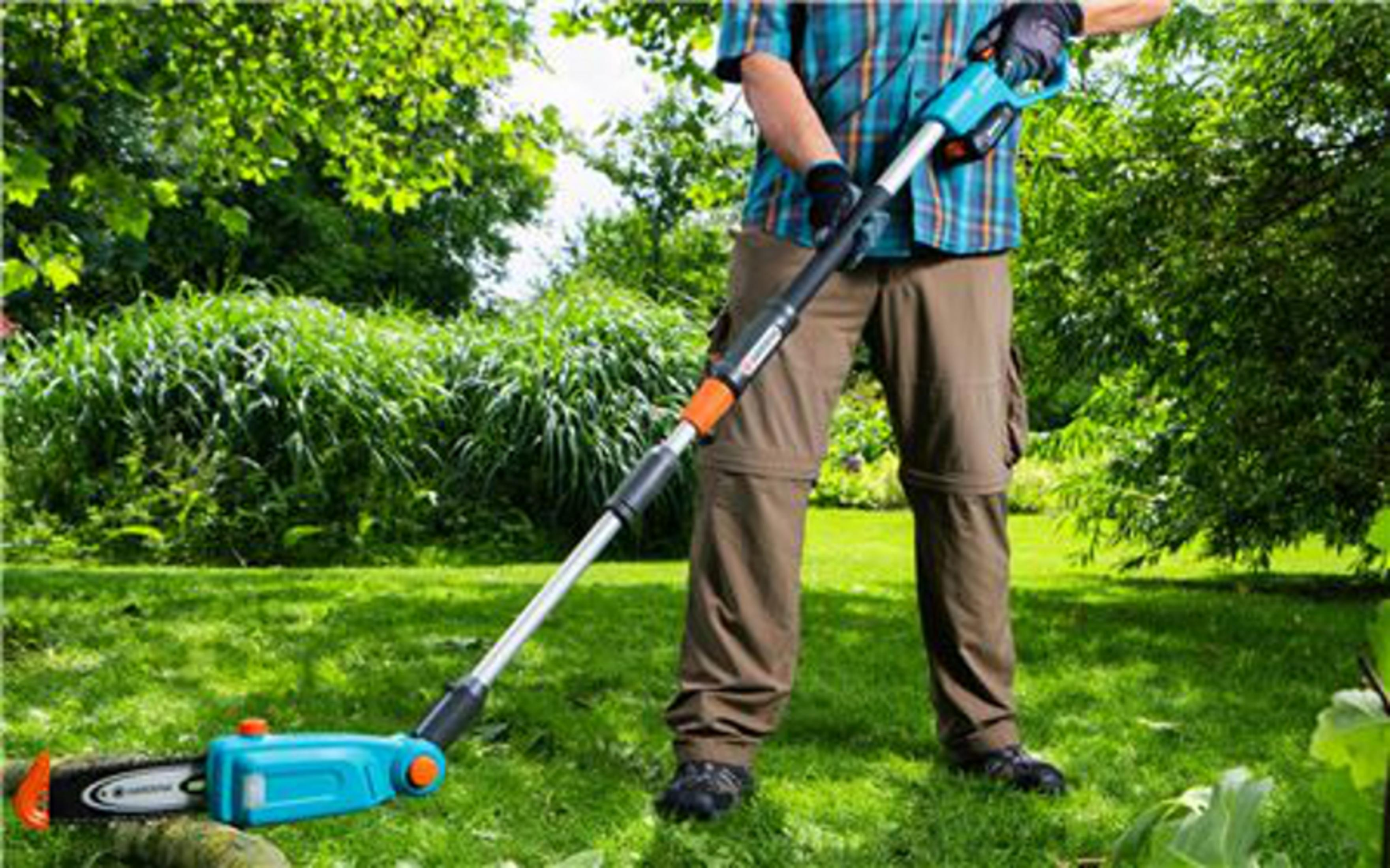 Mann mit Kettensäge im Garten, grüne Bäume und Gras.
