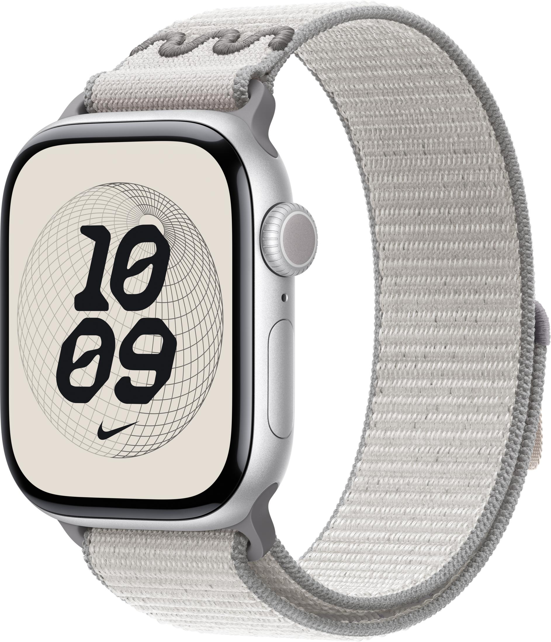 Apple Watch argento con cinturino in tessuto chiaro, ore 10:09.