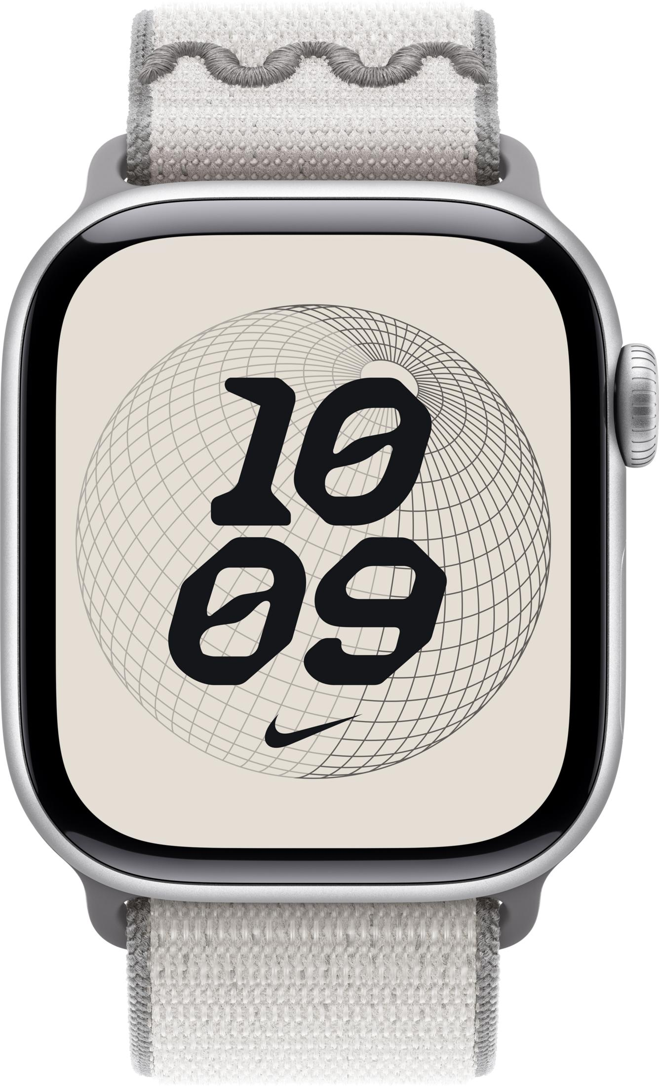 Apple Watch argento mostra le 10:09 con cinturino Nike.