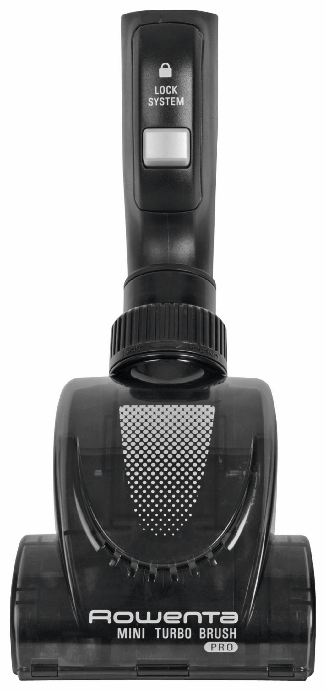 Schwarzer Staubsaugerkopf mit Lock-System-Griff und Rowenta-Logo.