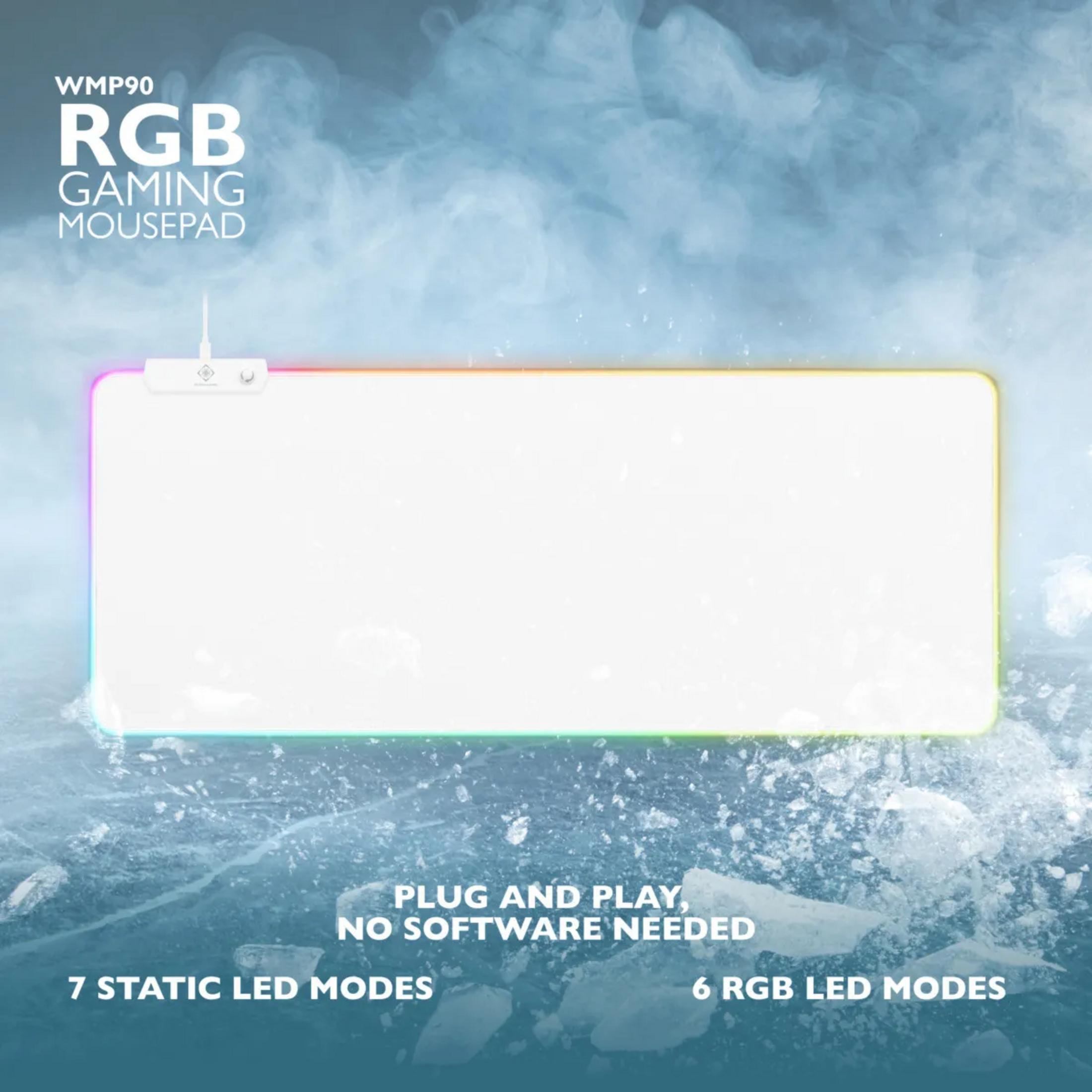 White RGB gaming mousepad with LED edge and text.