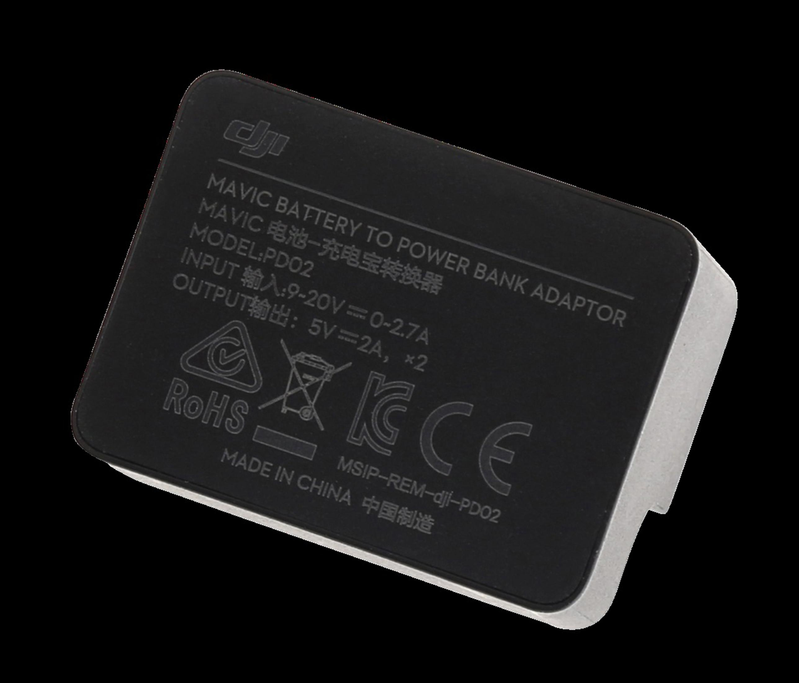 Adaptador negro DJI Mavic de batería a power bank con texto y logotipos.