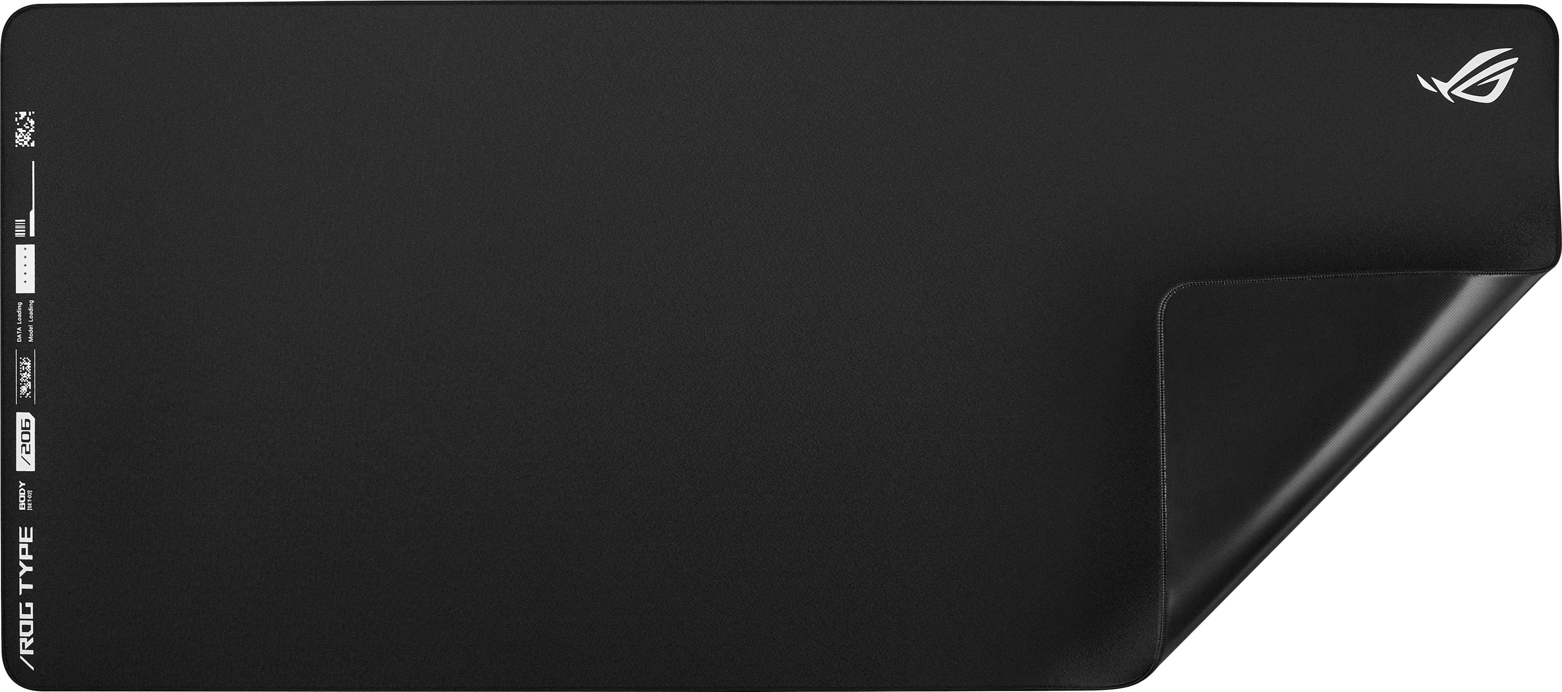 Czarna podkładka gamingowa pod mysz z logo ROG i detalami.