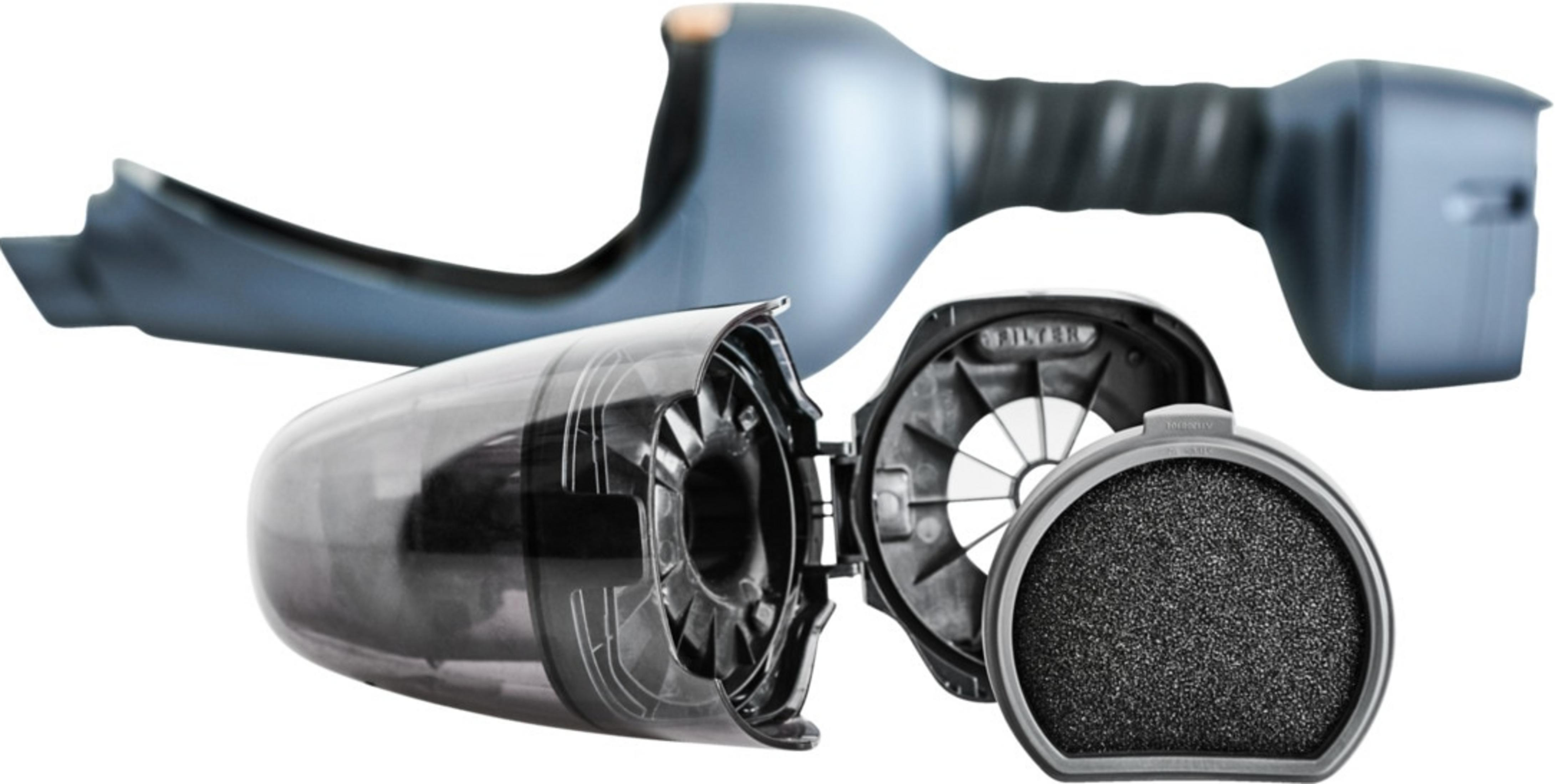 Un accessoire d'aspirateur bleu avec un réservoir transparent et un filtre.