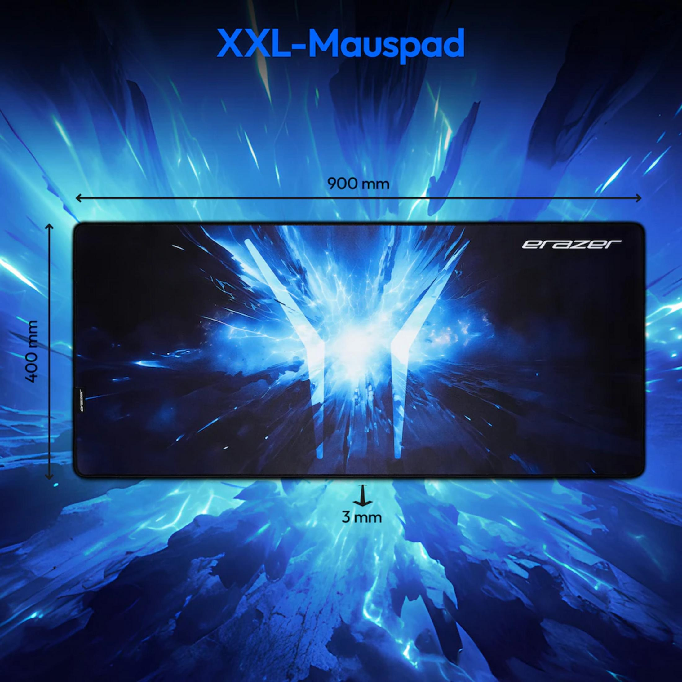 XXL mousepad with blue graphic design, 900x400 mm, 3 mm thick.