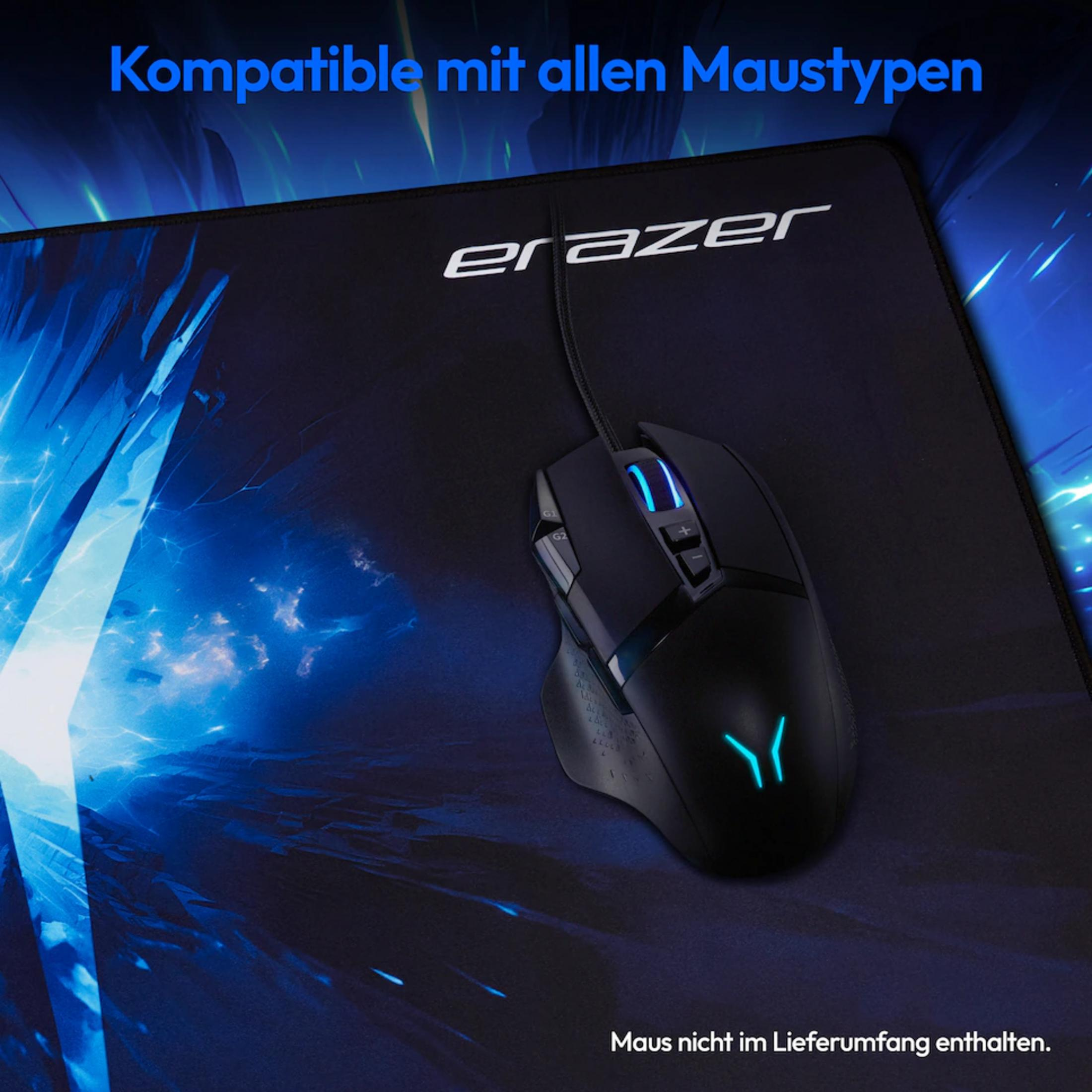 Black gaming mouse with blue LEDs on a black mousepad with a blue pattern.