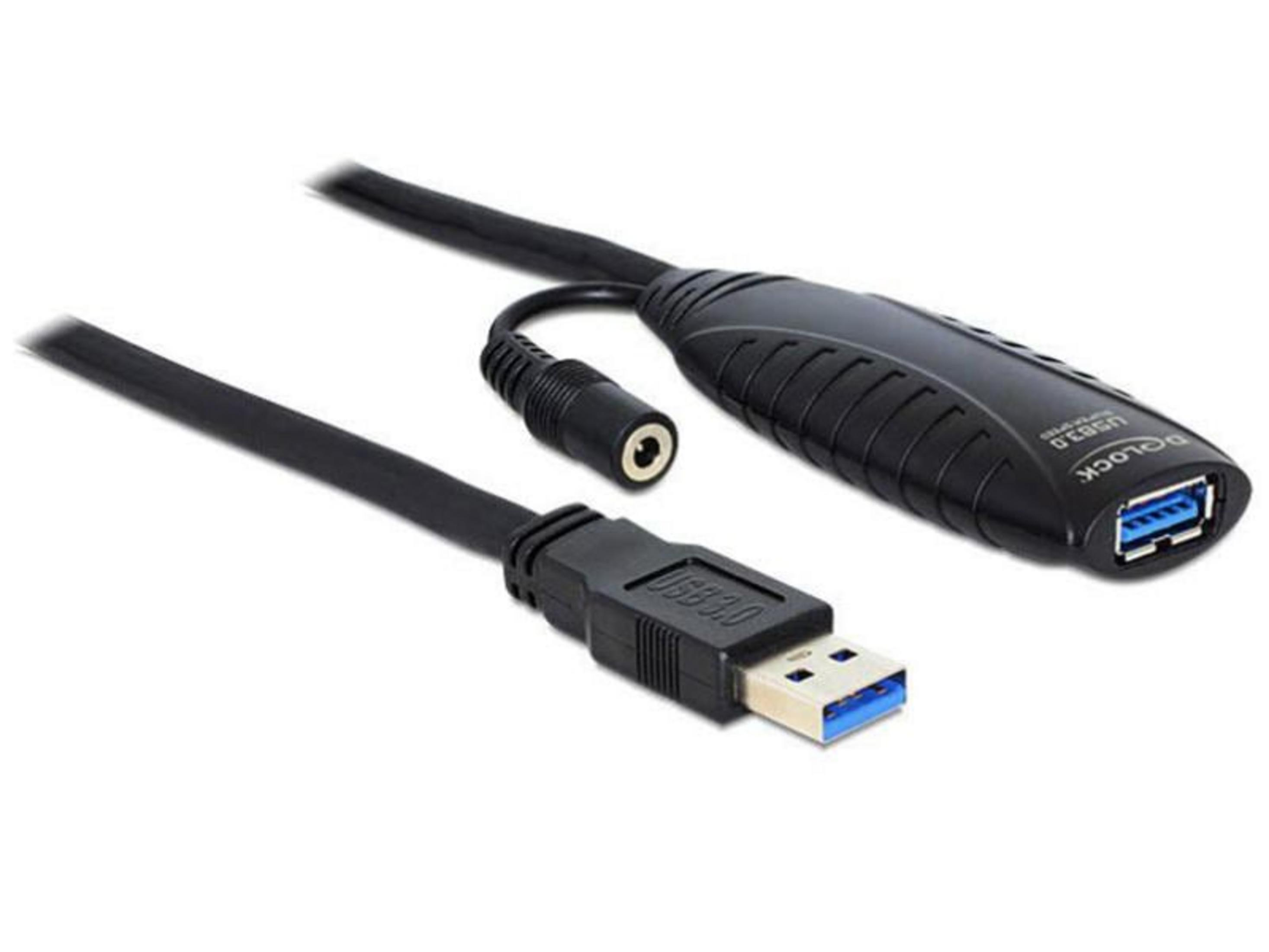 Czarny kabel USB 3.0 z gniazdem żeńskim i wtyczką. Białe tło.