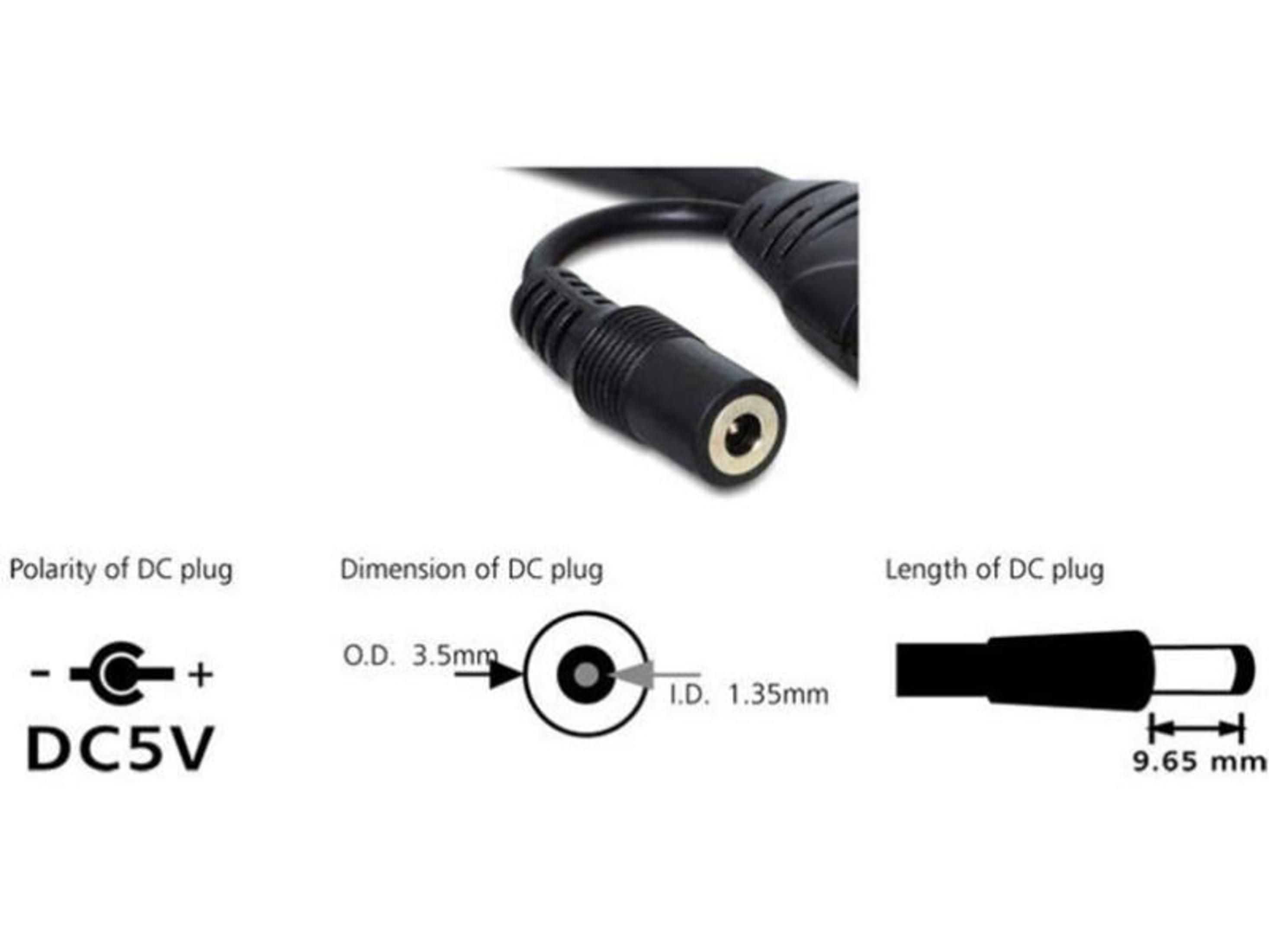 Czarna wtyczka DC: biegunowość, wymiary Z.Z. 3.5mm, W.W. 1.35mm, długość 9.65mm.