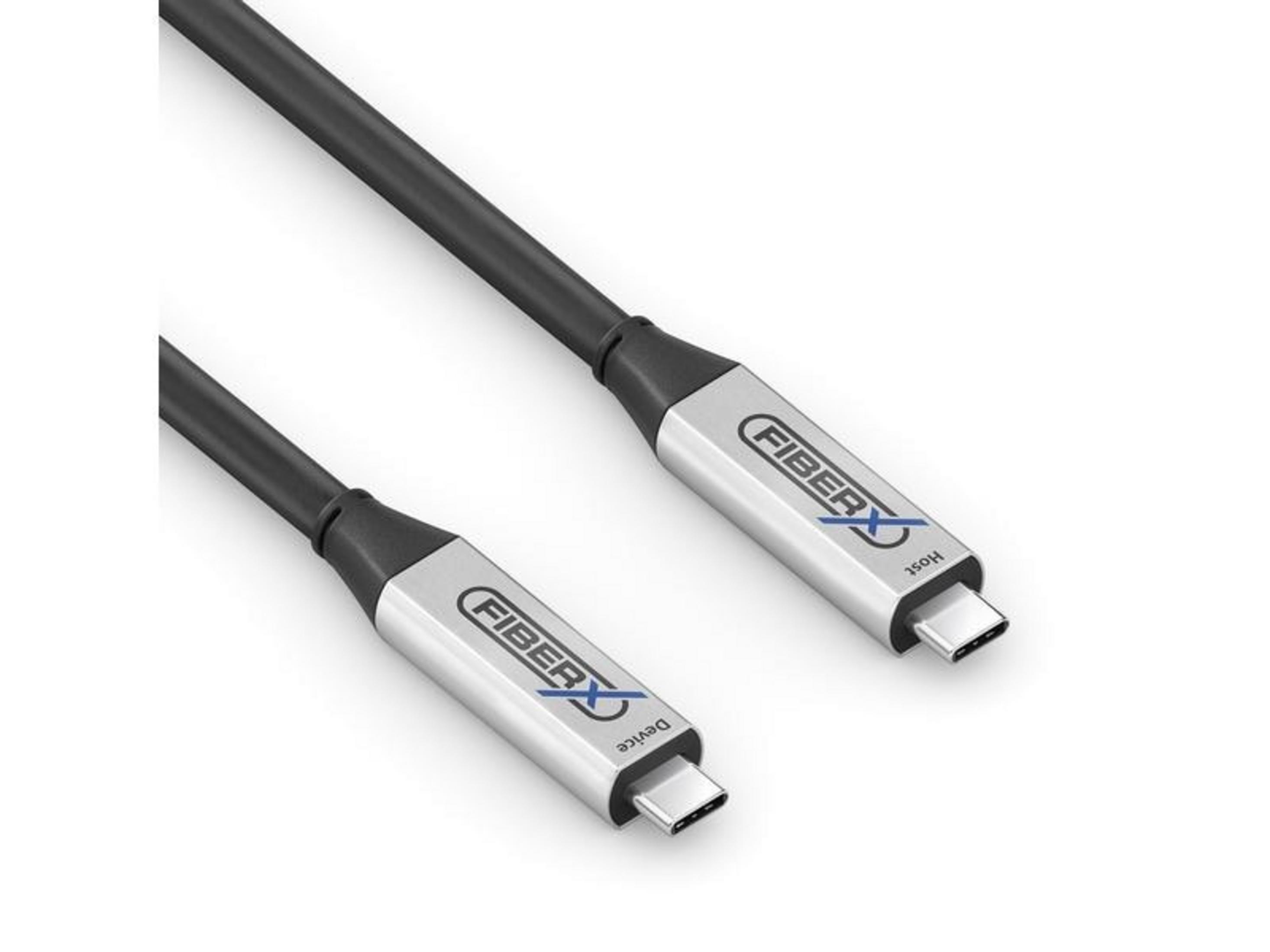 Due cavi USB-C neri con connettori argentati, etichettati 'FIBERX'.