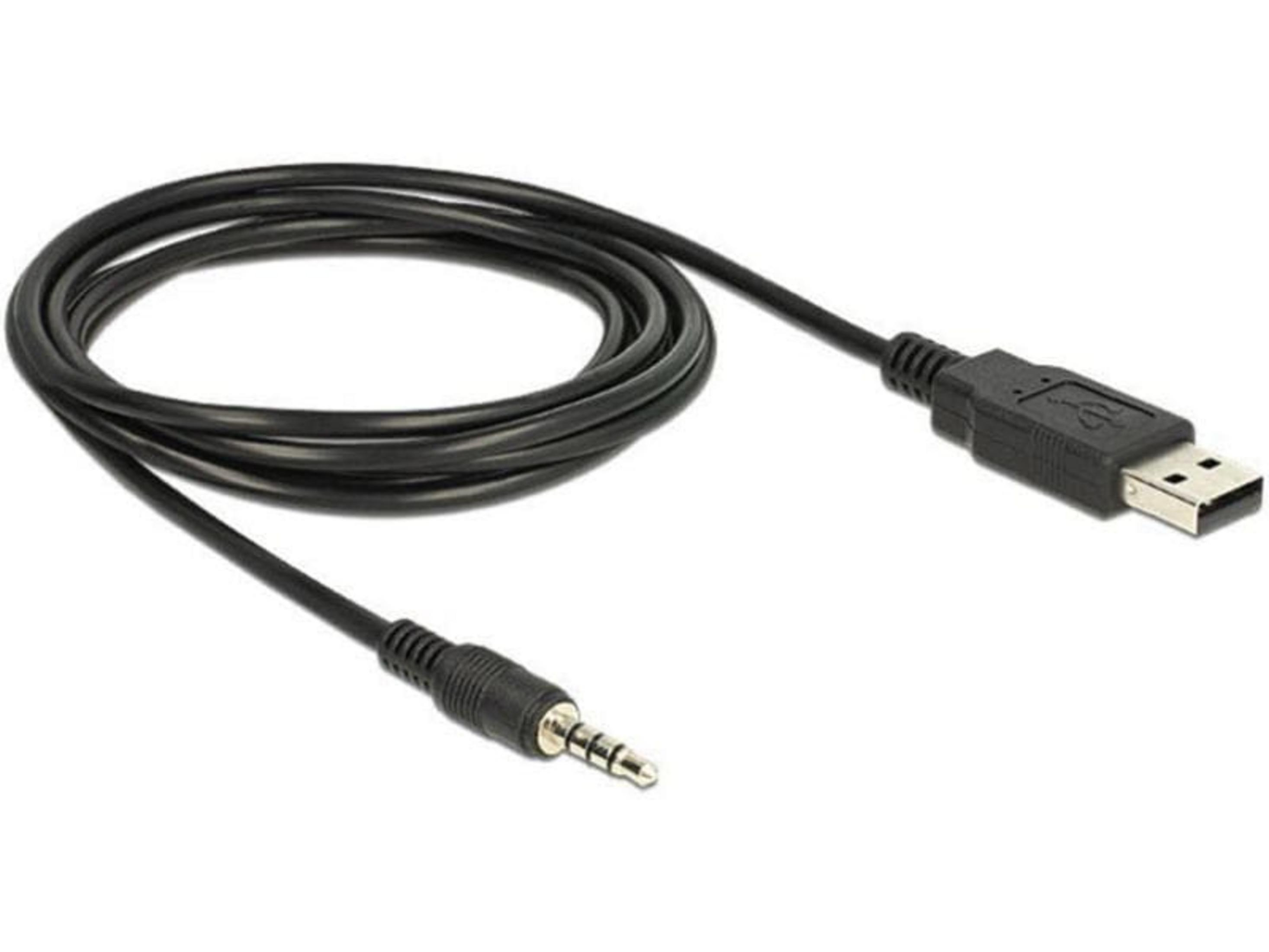 Cable negro USB a jack de audio de 3,5 mm con ambos conectores visibles.