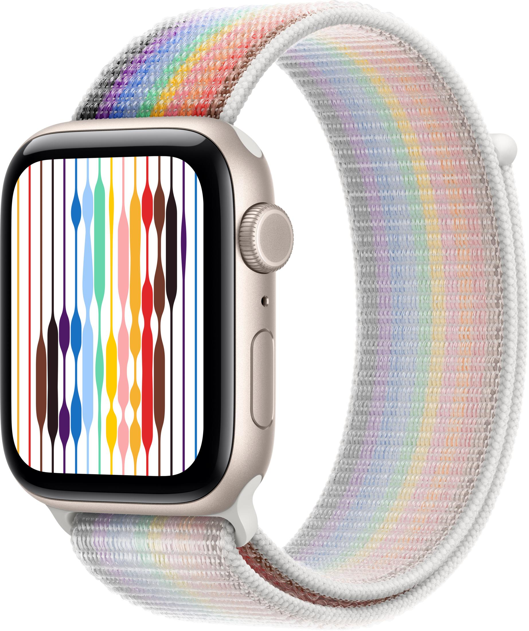 Un orologio con cinturino colorato e quadrante con linee verticali colorate.
