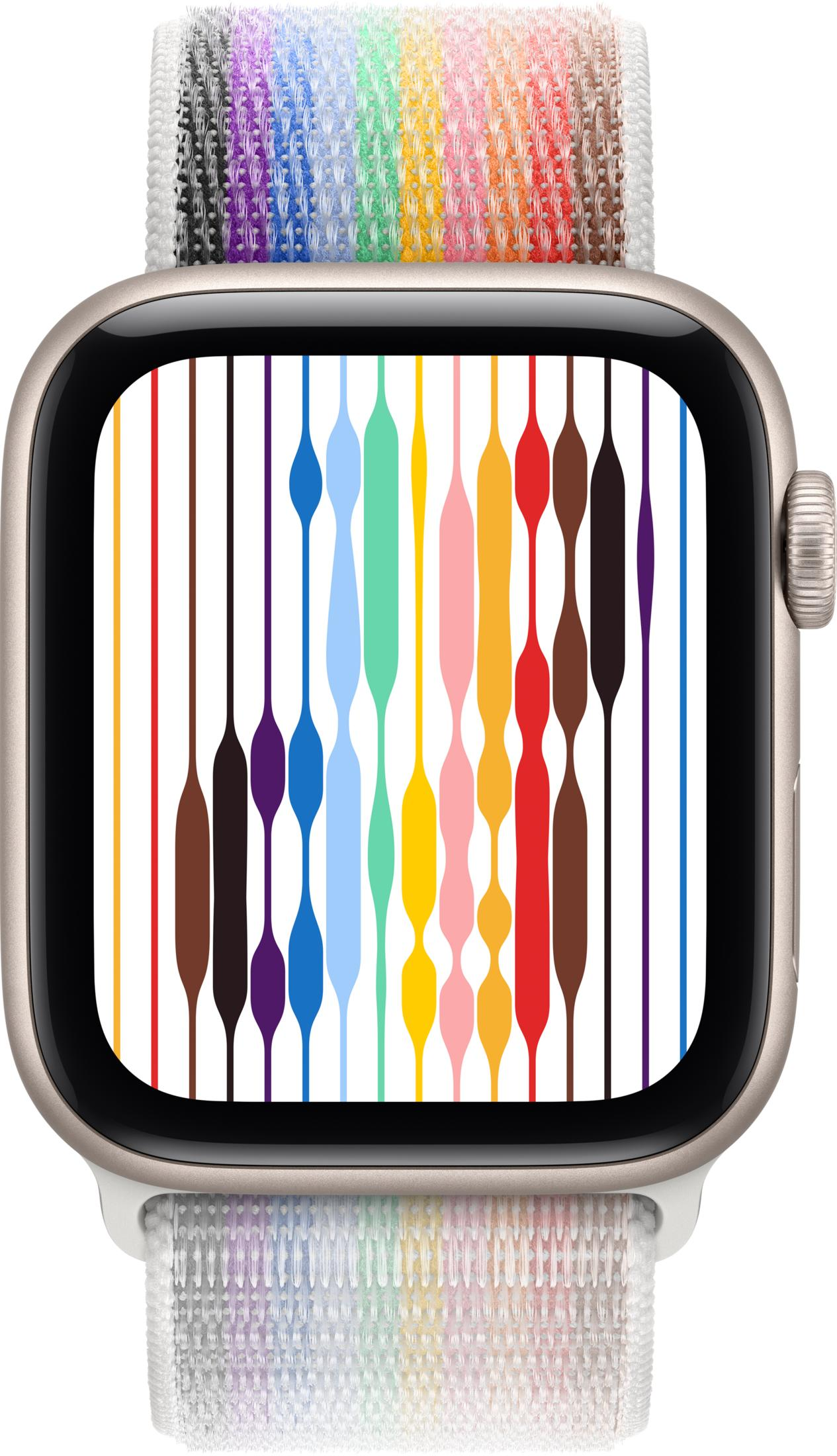 Uno smartwatch con quadrante e cinturino colorati. Linee multicolori visualizzate.