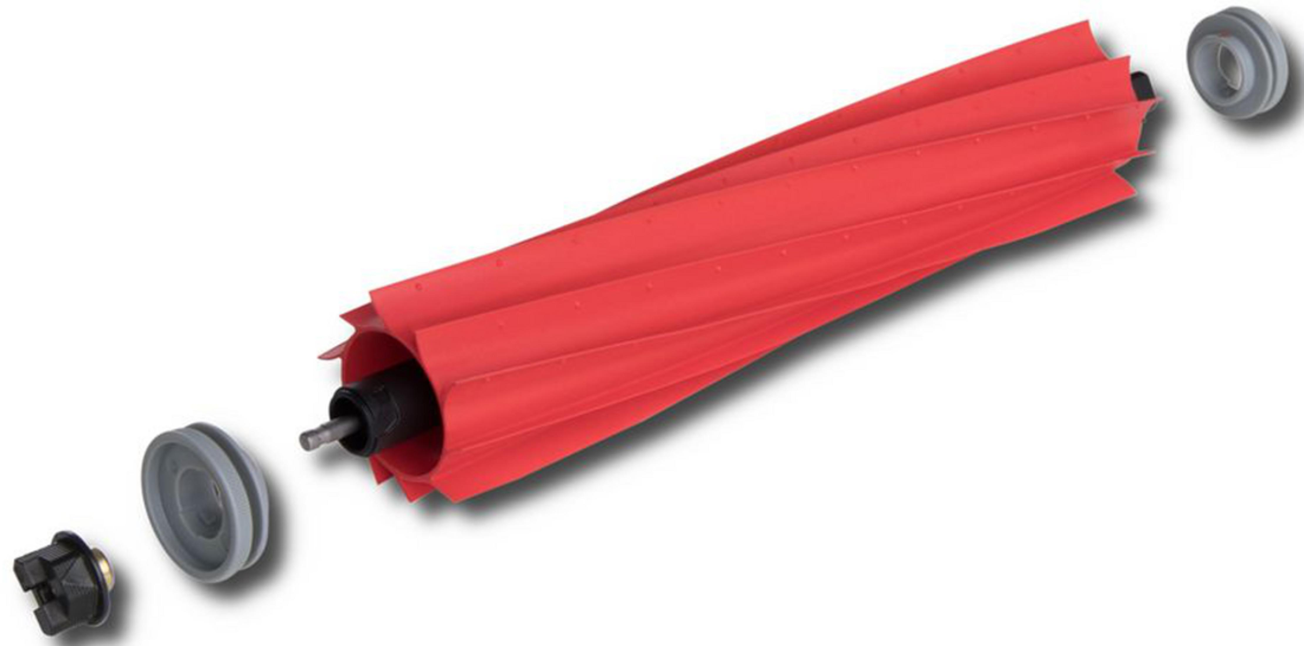 Ein roter Bürstenkopf mit drei grauen Teilen auf weißem Hintergrund.