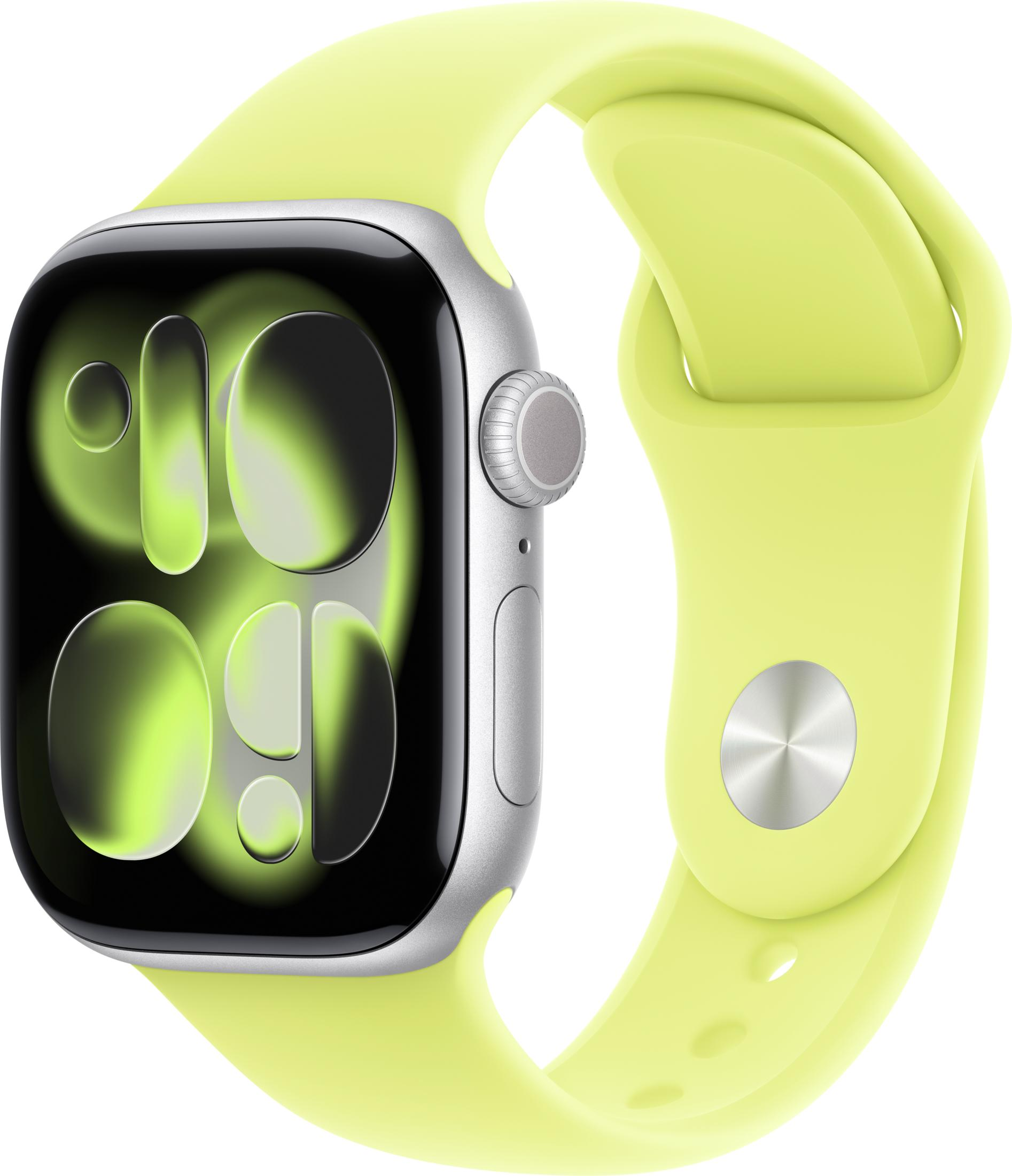 Smartwatch argentato con cinturino giallo brillante e display digitale.
