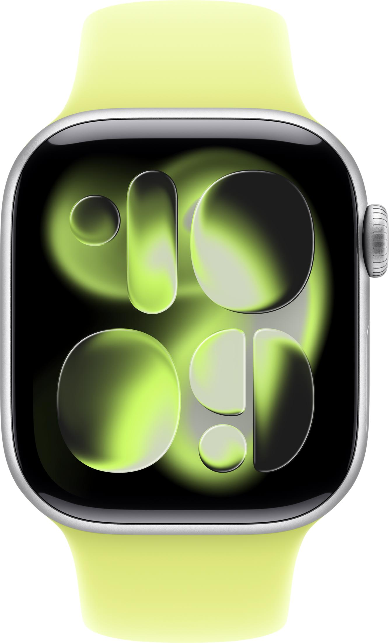 Un Apple Watch giallo chiaro con quadrante verde astratto.