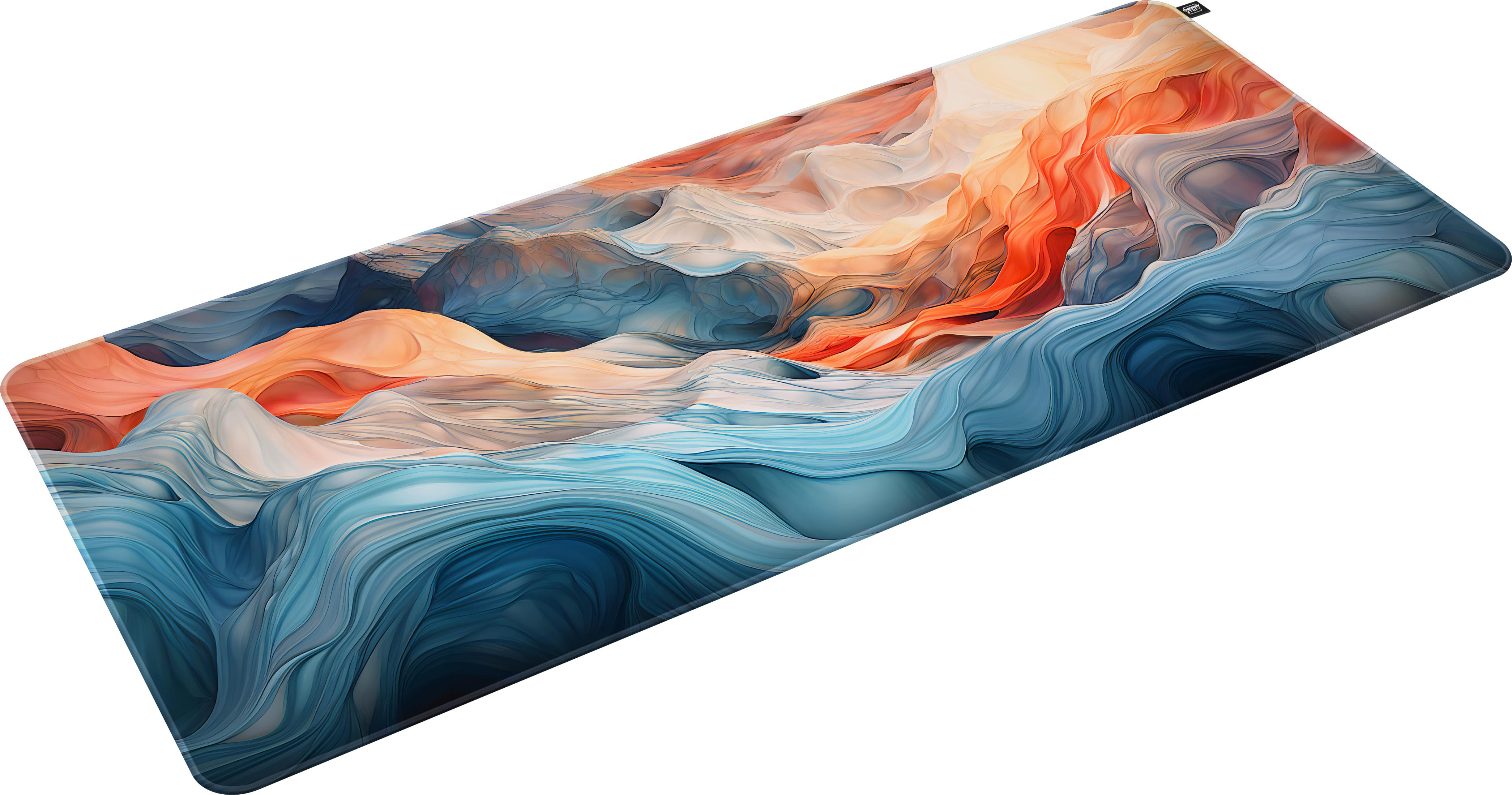 Vagues abstraites bleues, oranges et blanches sur un tapis.
