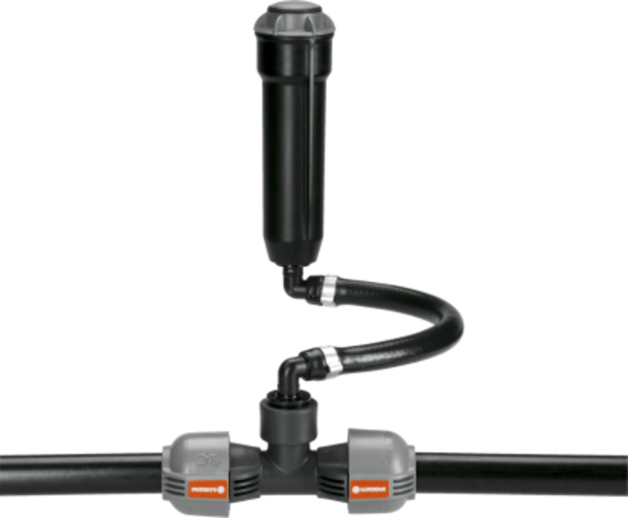 Un filtro de agua negro con manguera y conector en T sobre fondo blanco.