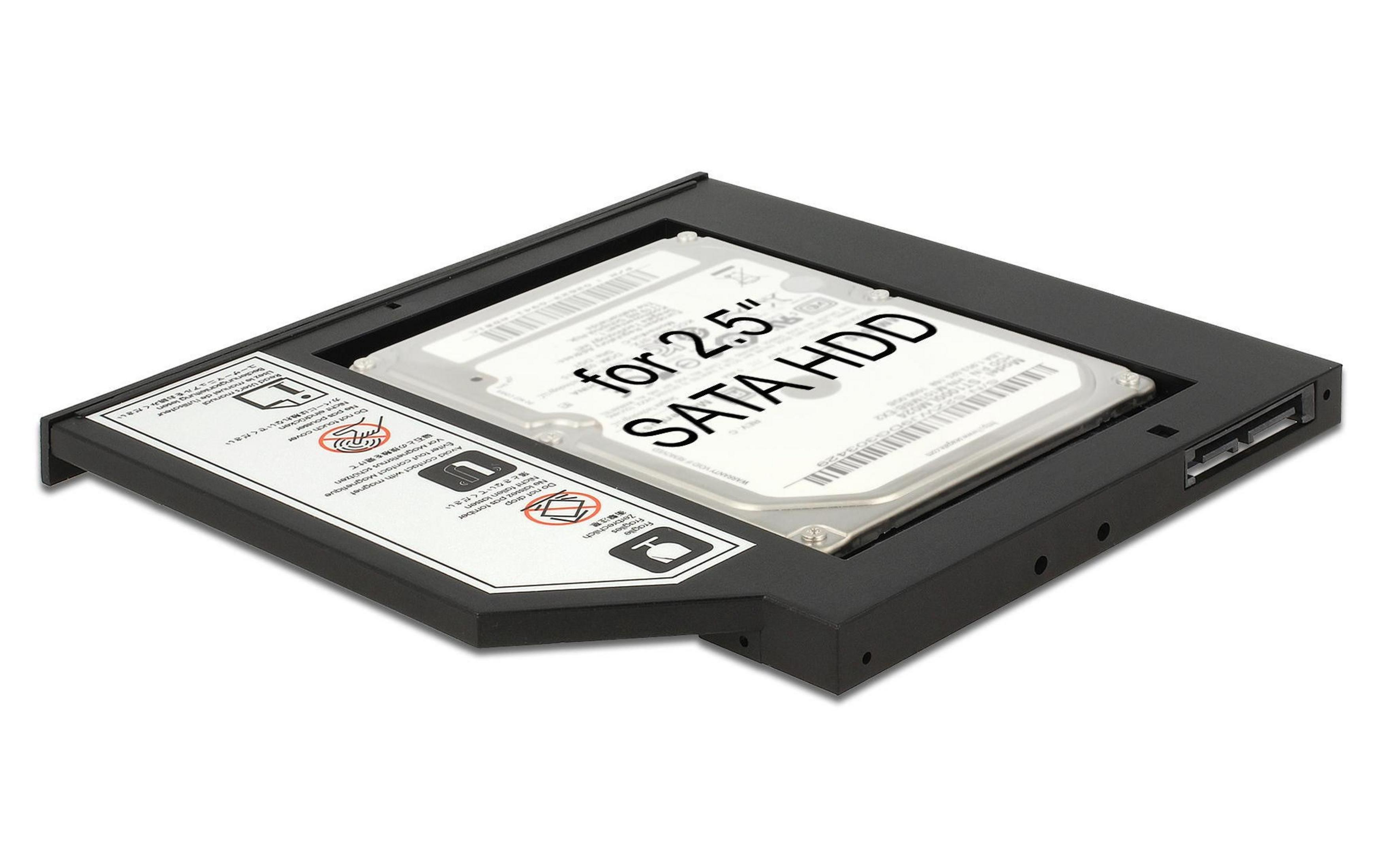 Ein 2,5-Zoll-SATA-HDD-Einbaurahmen mit Warnhinweisen.
