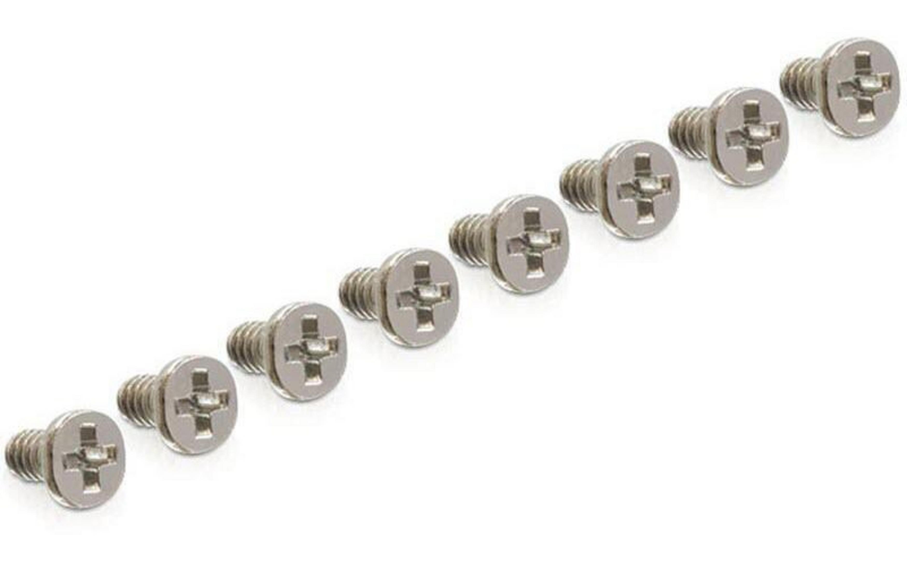A row of eight silver screws with cross heads on a white background.