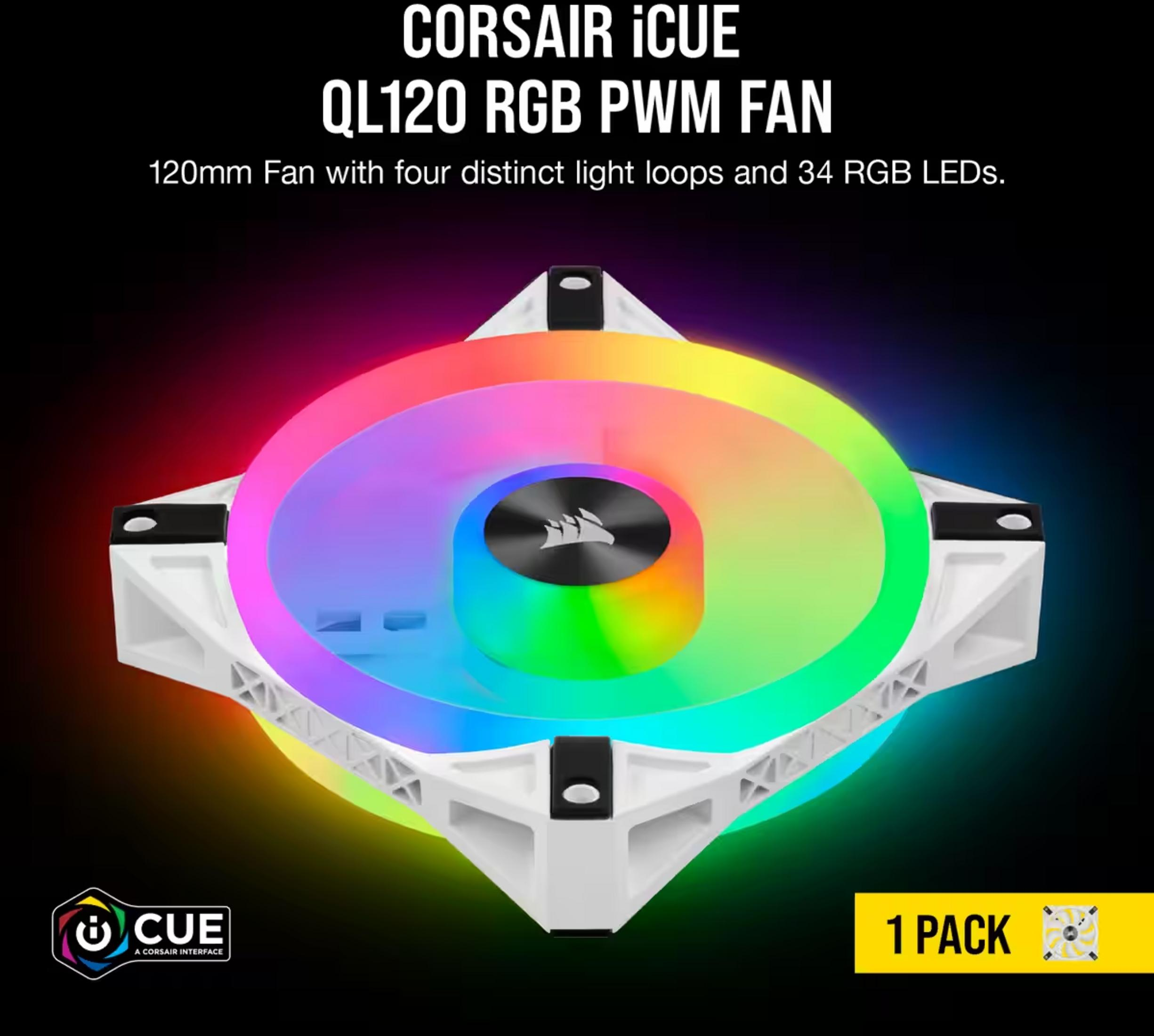 Ein weißer Corsair Lüfter mit RGB-Beleuchtung auf schwarzem Hintergrund.
